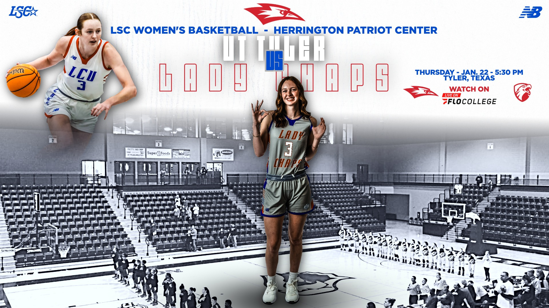 Game day promotional graphic for LSC Women's Basketball versus UT Tyler Lady Chaps at Herrington Patriot Center. Center shows player #3 in gray Lady Chaps jersey with orange trim and gray shorts standing on court, smiling and making peace signs with both hands. Left inset shows same player in white LCU uniform dribbling basketball. Large text reads 