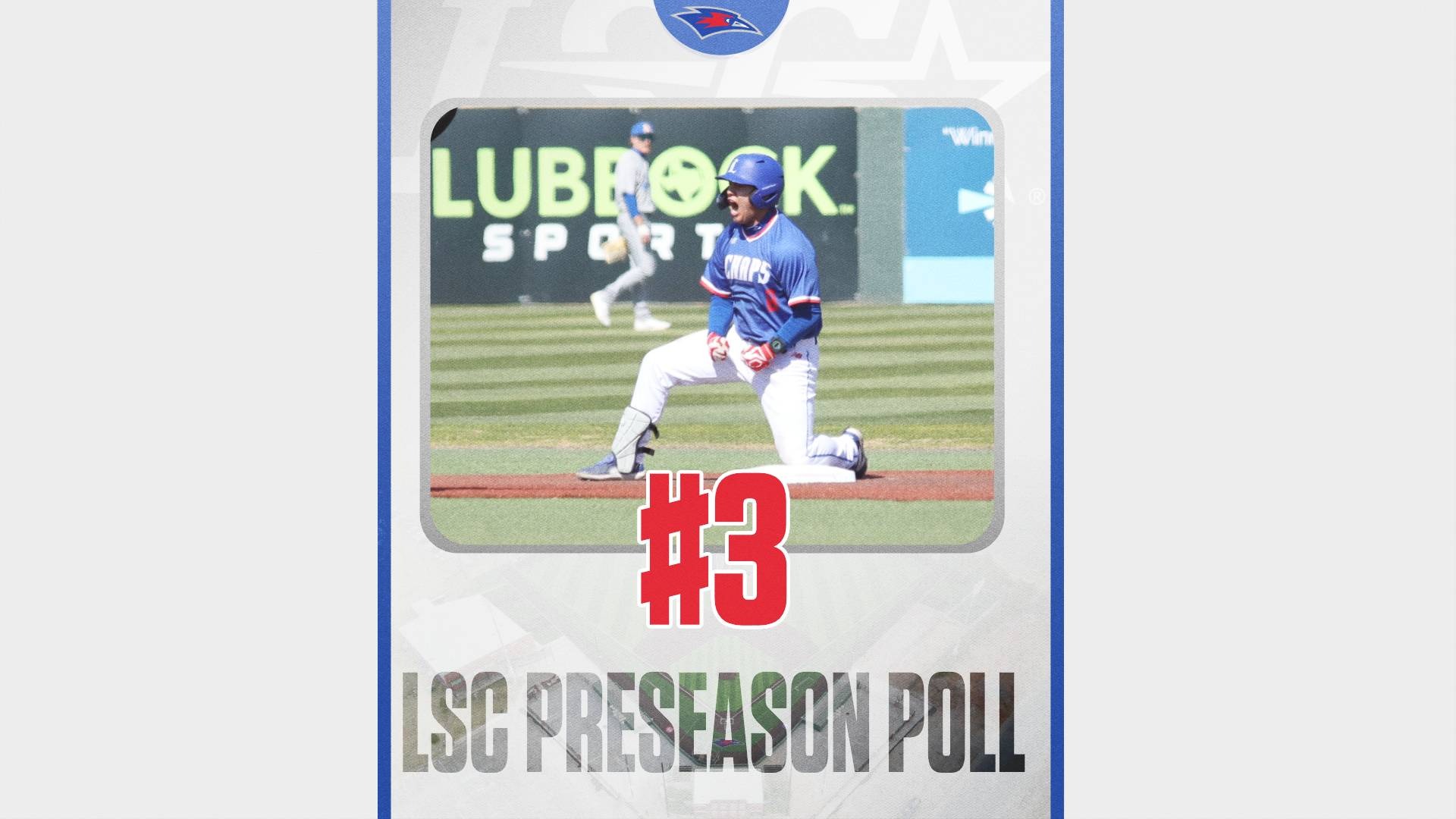 This is a digital graphic announcing that Lubbock Christian baseball was picked third in the 2026 Lone Star Conference Preseason Poll. The featured image is of Brock Tijerina (blue jersey, #8) standing over second base and celebrating after hitting a double.