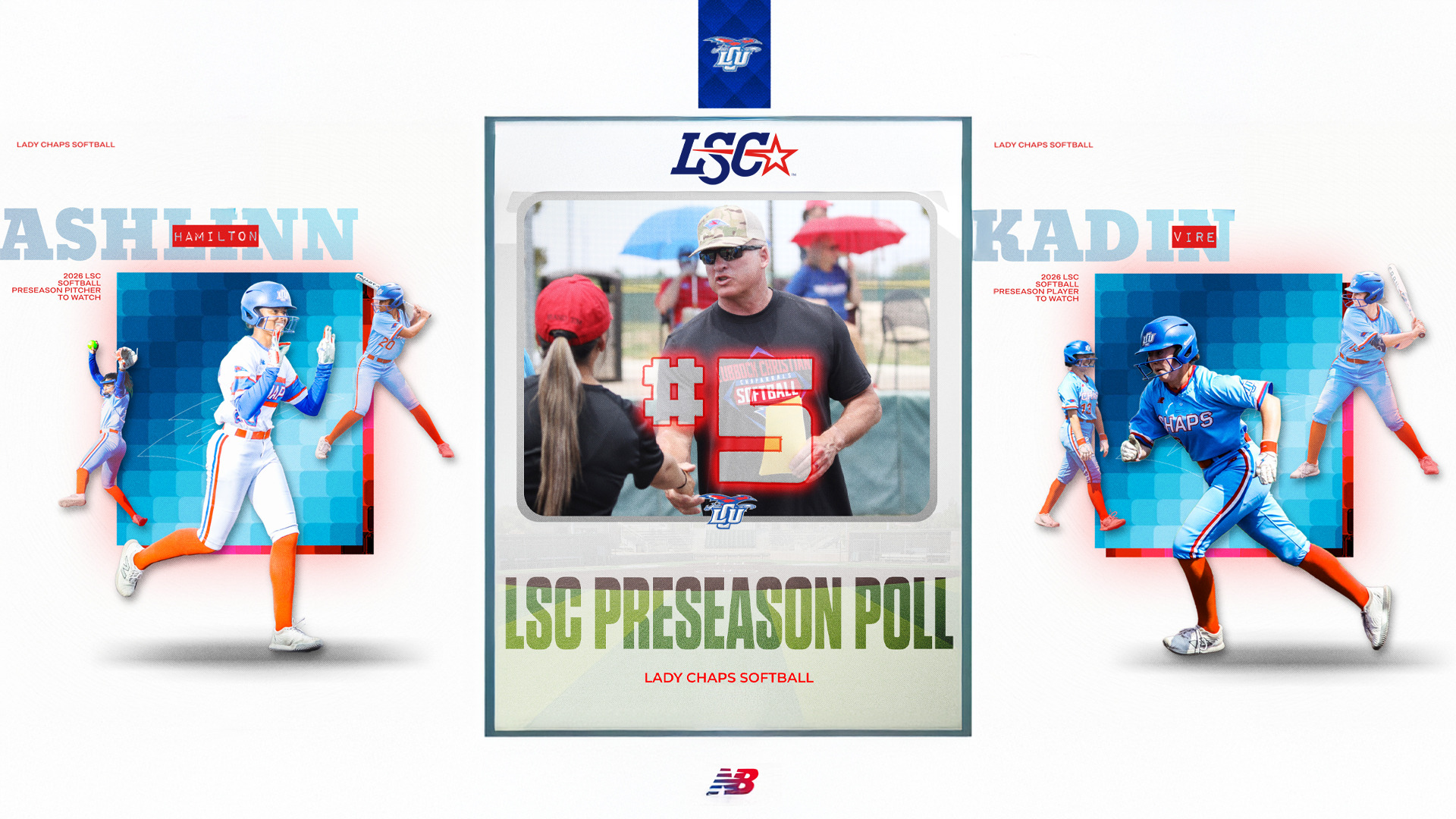 Combined graphic showing center LSC Preseason Poll announcement (same as Image 1) flanked by both player features. Left shows 