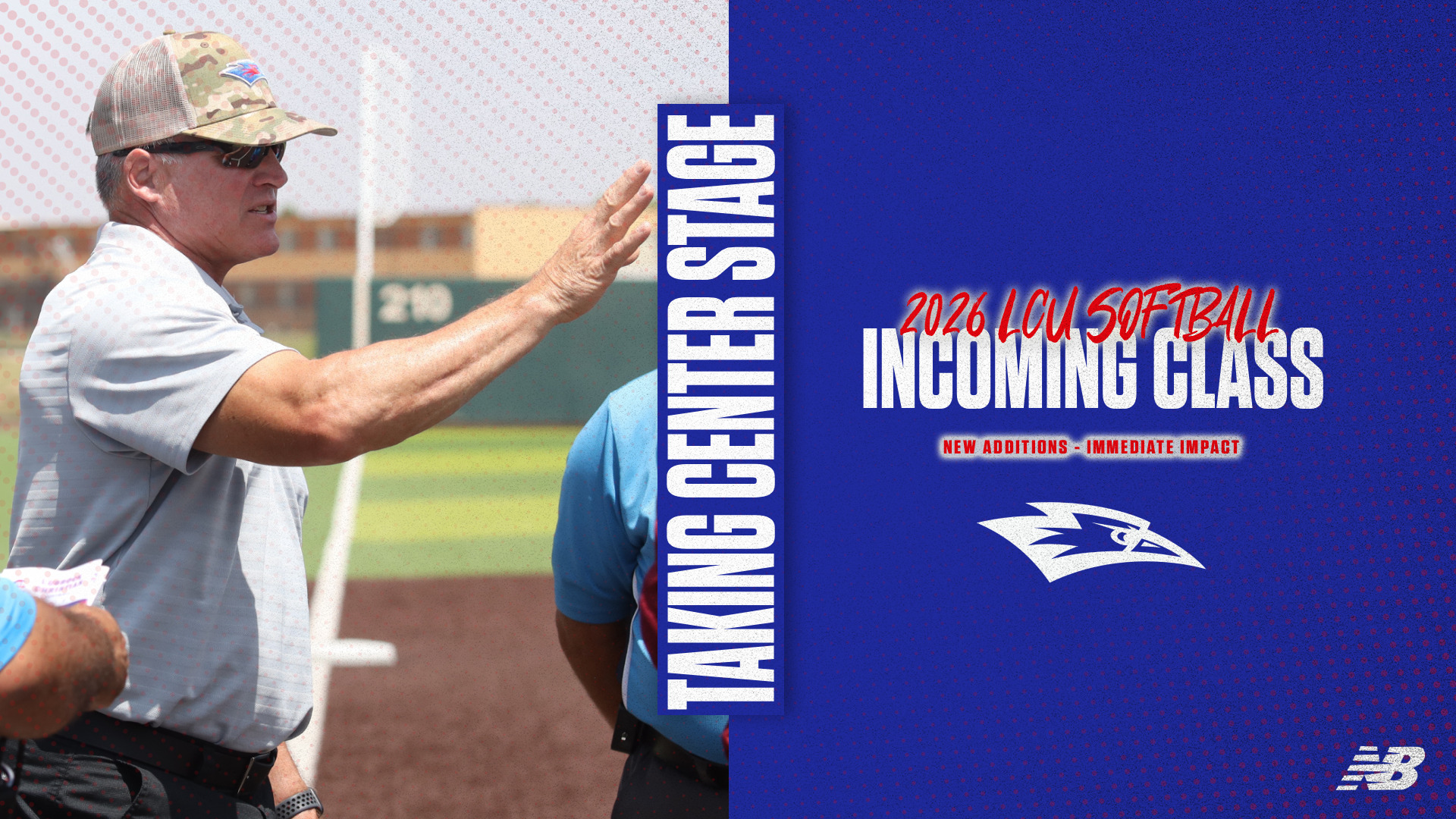 Recruiting announcement graphic split design - left side shows outdoor softball field photo of male coach in camouflage cap and white shirt gesturing with raised hand next to player in light blue shirt, pink dotted pattern background overlay. Vertical white text on blue stripe reads 