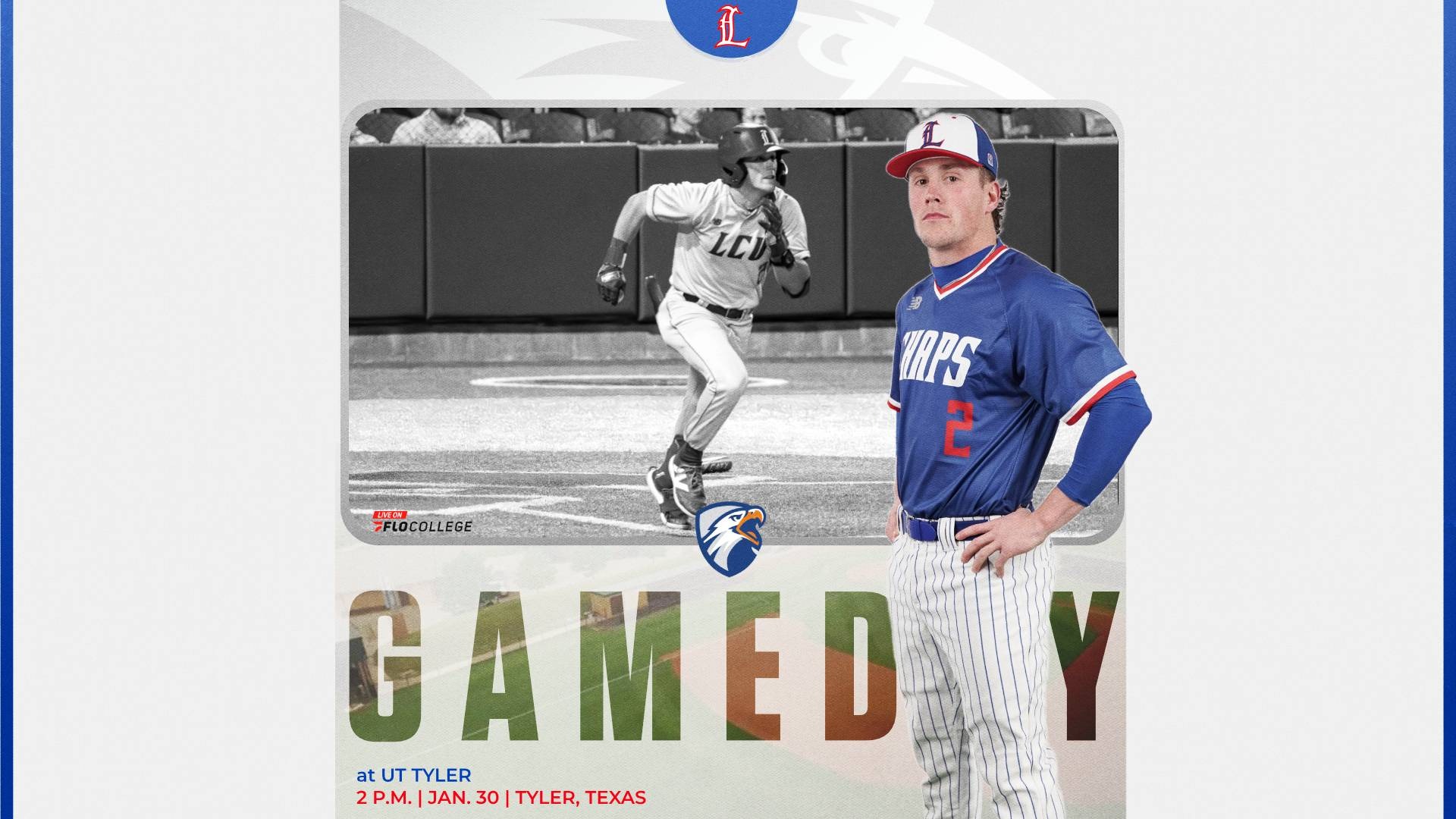 This is a digital graphic promoting the Lubbock Christian baseball game at UT Tyler at 2 p.m. on Jan. 30 at Irwin Field in Tyler, Texas. The featured image is of Kyle Lewis (blue jersey, #2), standing with his hands on his hips. There is a background image of Lewis running after a base hit.