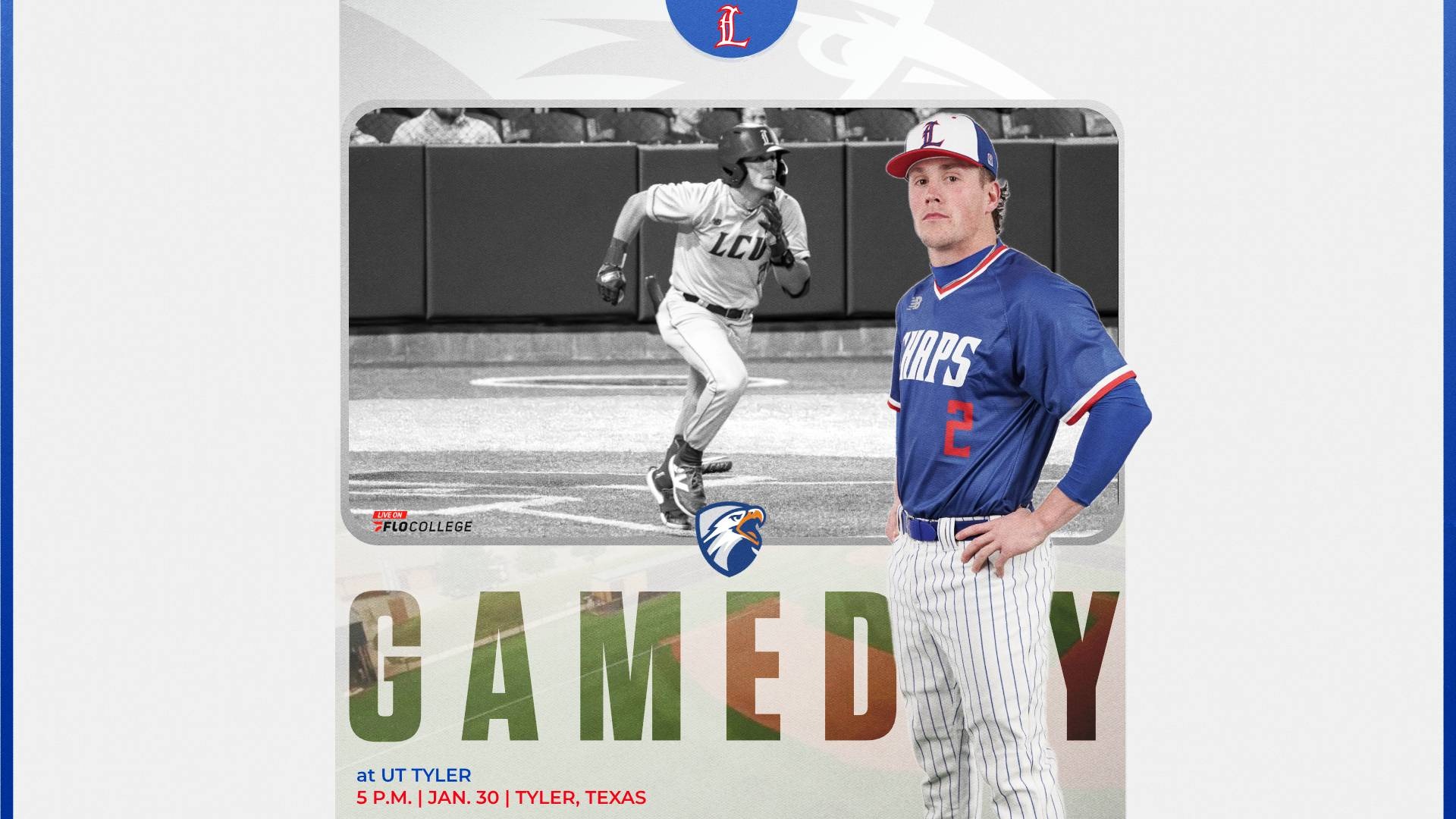 This is a digital graphic promoting the Lubbock Christian baseball game at UT Tyler at 5 p.m. on Jan. 30 at Irwin Field in Tyler, Texas. The featured image is of Kyle Lewis (blue jersey, #2), standing with his hands on his hips. There is a background image of Lewis running after a base hit.