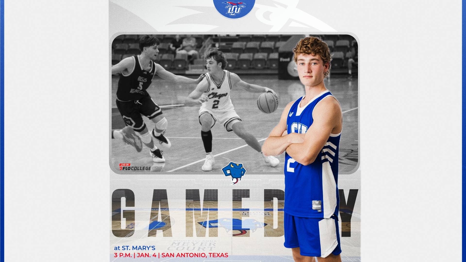 This is a digital graphic promoting the Lubbock Christian men's basketball game against St. Mary's at 3 p.m. on Sunday at Bill Greehey Arena in San Antonio, Texas. The featured image is of Jett McCasland (blue jersey, #2) standing with his arms crossed. There is a black and white action photo of McCasland dribbling a basketball in the background.