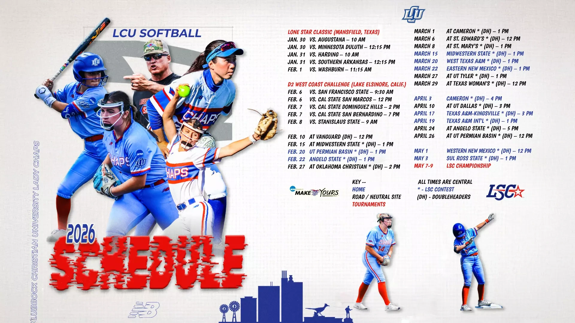 LCU Softball 2026 schedule poster featuring collage of five female players in blue uniforms with red and white trim. Players shown batting, fielding, and celebrating. Red distressed text reads 