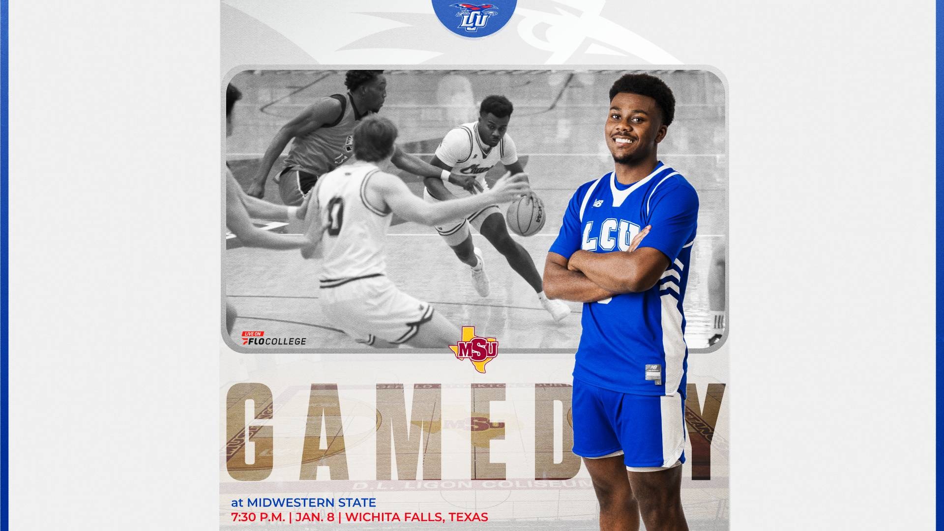 This is a digital graphic promoting the Lubbock Christian men's basketball game at Midwestern State at 7:30 p.m. on Thursday in Wichita Falls, Texas. The featured image is of guard Devin Baccas (blue jersey, #6) shown standing with his arms crossed. There is a background action photo of Baccas dribbling a basketball past a defender.