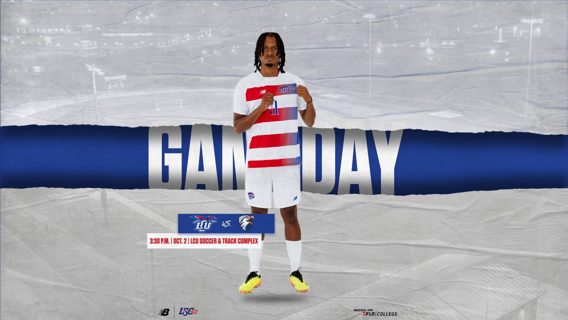 This is a digital graphic promoting the Lubbock Christian men's soccer game against UT Tyler at 3:30 p.m. on October 3 at the LCU Soccer & Track Complex. The featured image is of forward Augusto Militao (white jersey, #11)