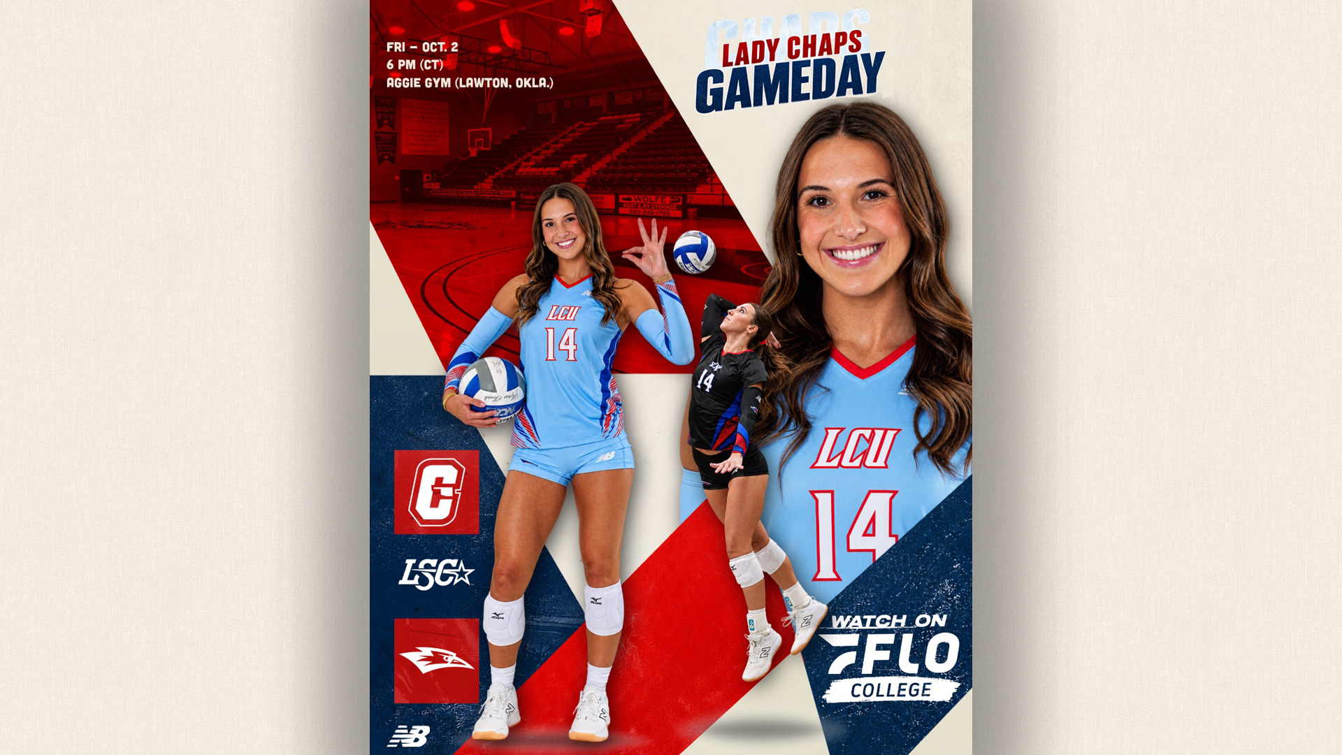 Gameday graphic for LCU Lady Chaps volleyball. Friday, October 2, 6 PM CT at Aggie Gym in Lawton, Oklahoma. Features two photos of player #14 in a light blue LCU jersey: one full-body shot holding a volleyball with a hand gesture, and one close-up smiling headshot. A third photo shows her in a black jersey leaping to make a play. Text reads 