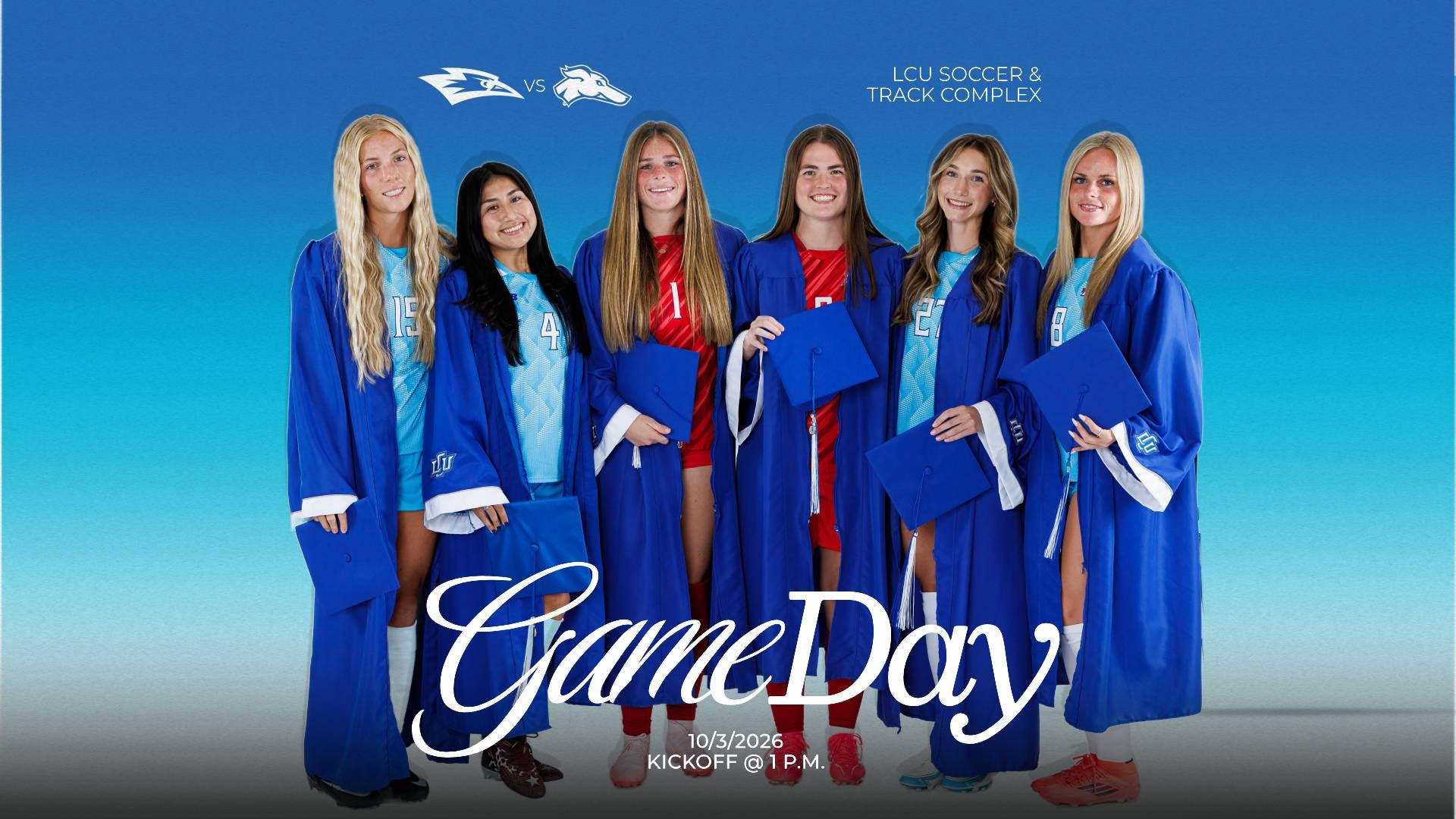 This is a digital graphic promoting the Lubbock Christian women's soccer game against Eastern New Mexico at 1 p.m. on October 3 at the LCU Soccer & Track Complex. The featured image is of six Lady Chap players, wearing their uniforms along with blue graduation caps and gowns over them.