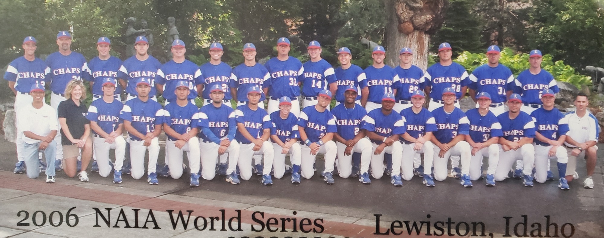 This is a picture of the 2006 Lubbock Christian baseball team, all wearing blue jerseys that read Chaps on the front.