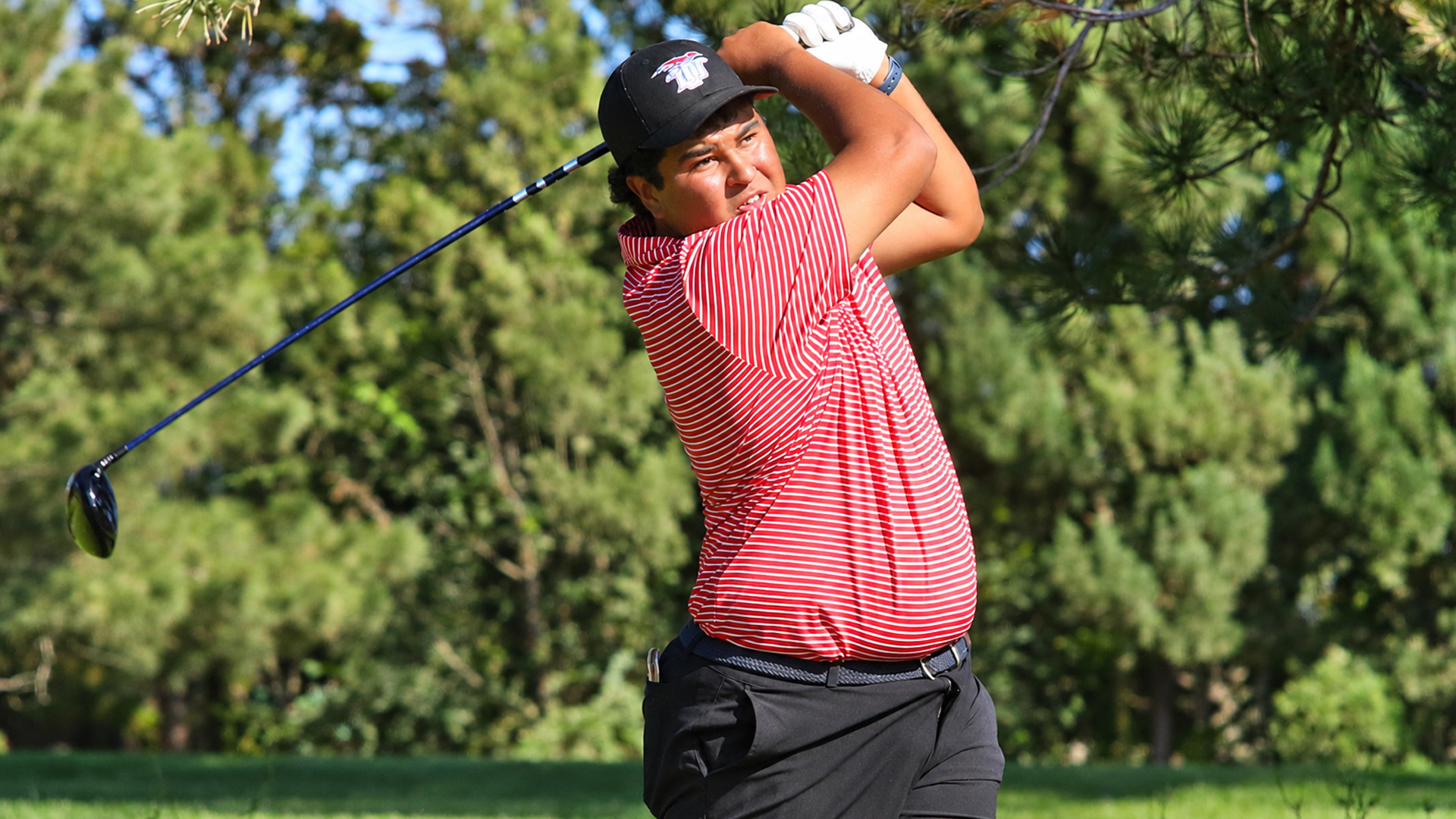 Golfer in a black LCU cap, red-and-white striped polo, and black pants completes his swing, club extended behind him as he watches the ball's flight. Pine trees and green foliage fill the background.