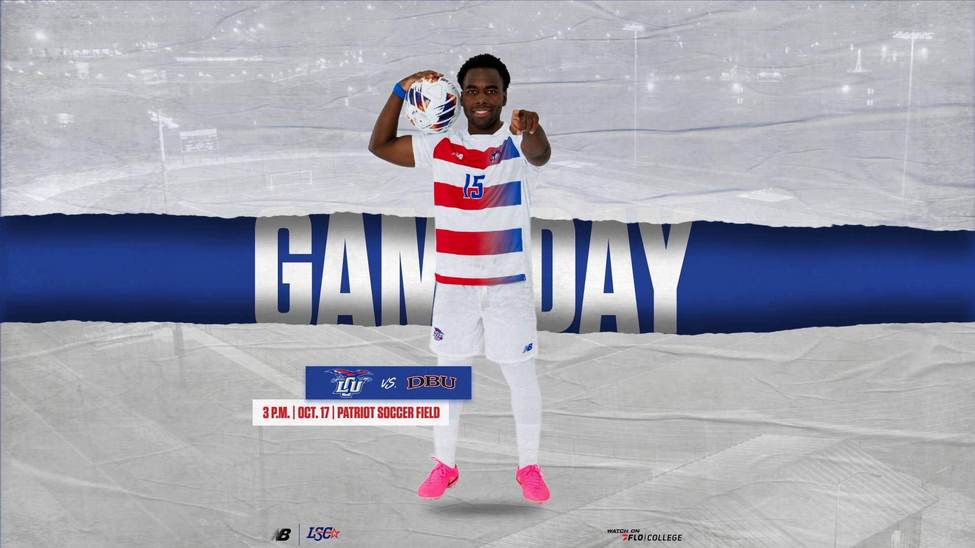 This is a digital graphic promoting the Lubbock Christian men's soccer game at Dallas Baptist at 3 p.m. at Patriot Soccer Field on October 17. The featured image is of Kibukila Mbula (white jersey, #15), holding a soccer ball and smiling.
