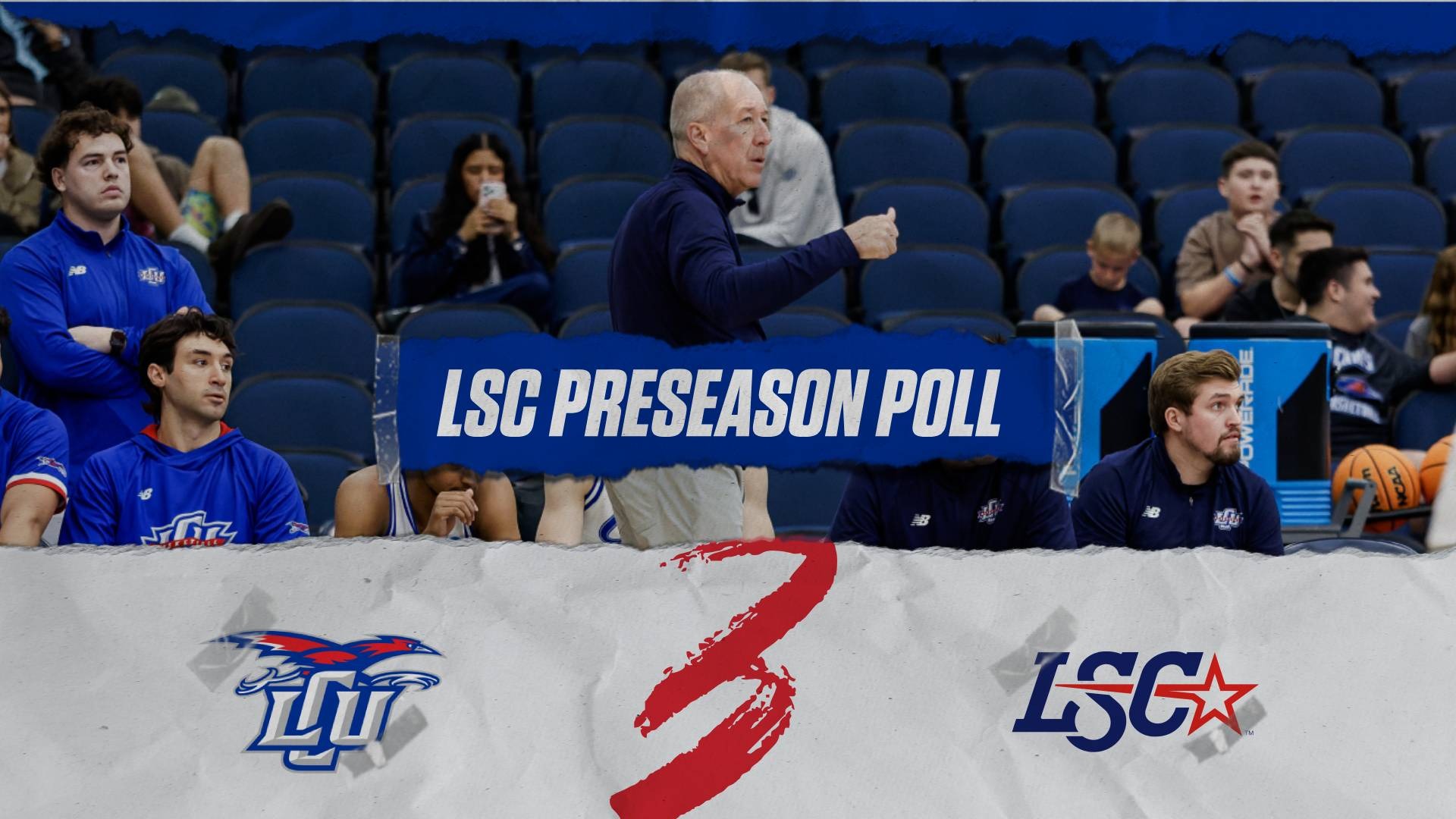 This is a digital graphic announcing Lubbock Christian men's basketball as No. 3 in the 2026-27 LSC Preseason Poll. The featured image is of head coach Todd Duncan, wearing a navy blue shirt, talking with players on the bench in the background. 