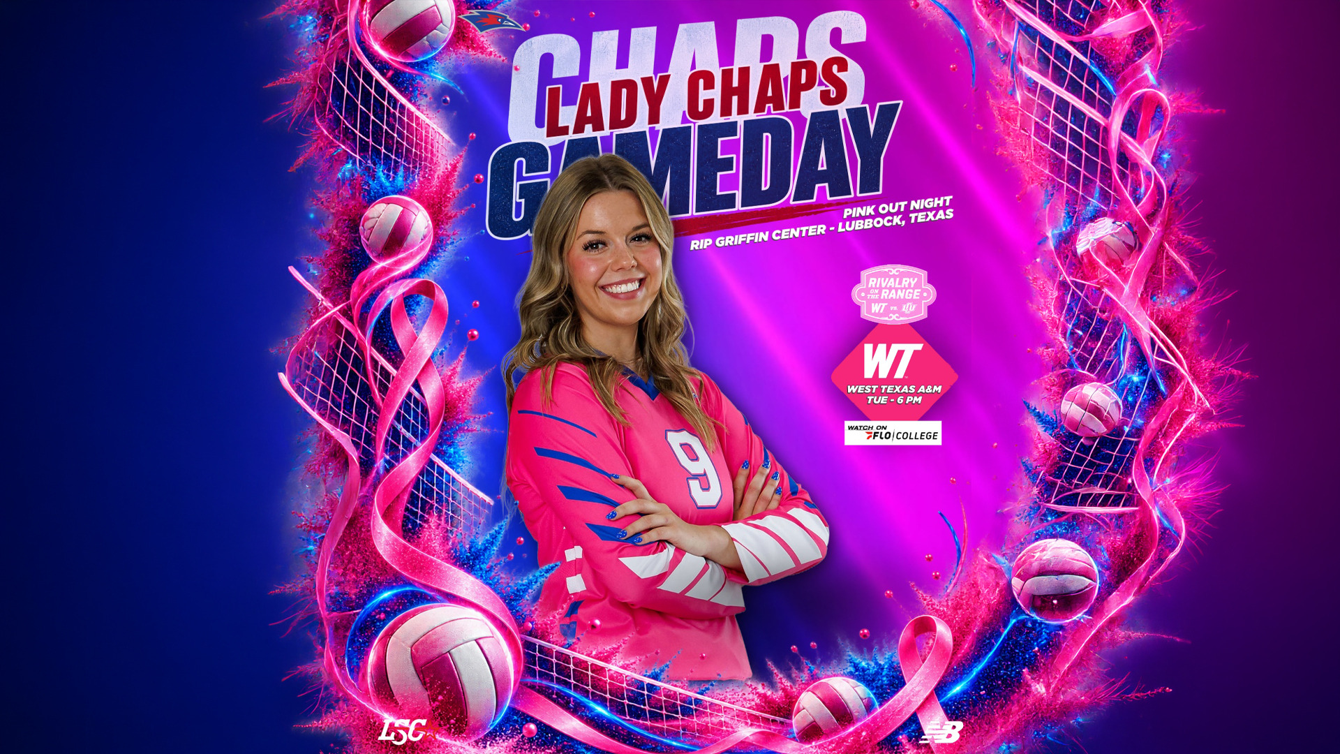 Pink Out Night gameday graphic for LCU Lady Chaps volleyball at Rip Griffin Center in Lubbock, Texas. The opponent is West Texas A&M, Tuesday at 6 PM, in the “Rivalry on the Range” game. A smiling player #9 stands with her arms crossed, wearing a pink long-sleeve jersey with blue and white accents and blue nail polish. The purple and pink background has glittering powder bursts, pink awareness ribbons, volleyball nets, and pink volleyballs. Text reads “Lady Chaps Gameday.” The Lone Star Conference logo and a New Balance logo appear along the bottom.