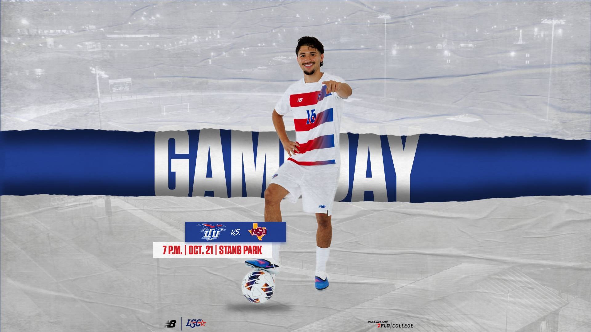 This is a digital graphic promoting the Lubbock Christian men's soccer game against Midwestern State at 7 p.m. on October 21 at Stang Park. The featured image is of RJ Rodriguez (white jersey, #16) shown with his right foot propped up on a soccer ball.