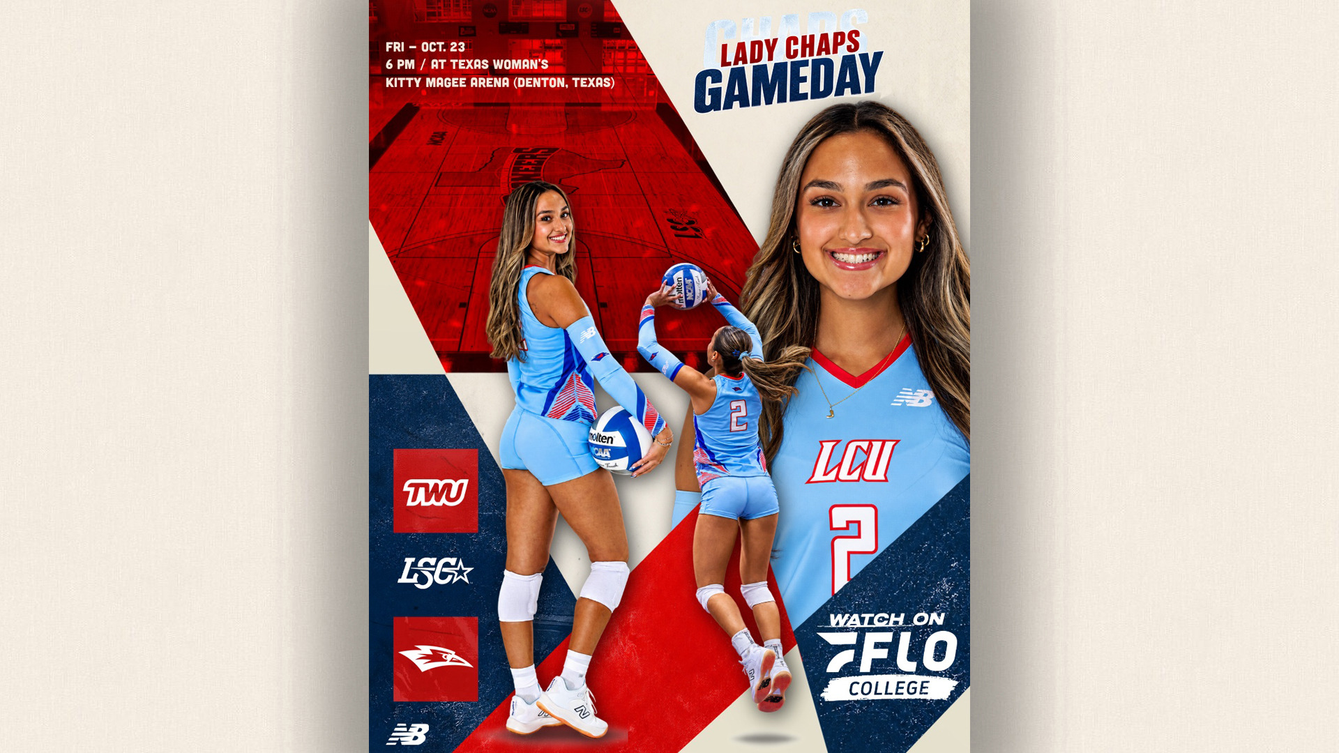 Gameday graphic for LCU Lady Chaps volleyball. Friday, October 23, 6 PM, LCU at Texas Woman’s at Kitty Magee Arena in Denton, Texas. Features three photos of player #2 in a light blue LCU jersey: a full-body shot looking back over her shoulder while holding a volleyball at her hip, a shot from behind as she tosses a volleyball overhead to serve, and a close-up smiling headshot. Text reads “Lady Chaps Gameday.” Logos for the opponent, the Lone Star Conference, a red bird mascot, and New Balance appear along the left side.