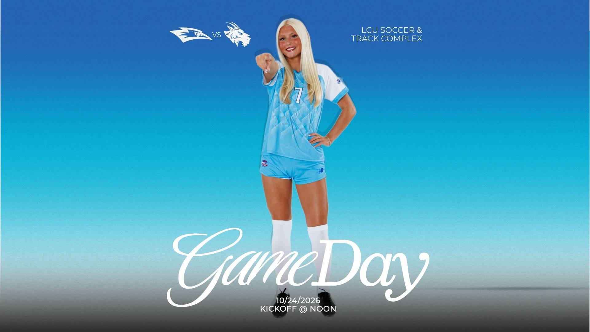 This is a digital graphic promoting the Lubbock Christian women's soccer game against St. Edward's at noon on October 24 at the LCU Soccer & Track Complex. The featured image is of Kenzie Tosch (blue jersey, #7) shown pointing at the camera with her right hand. 