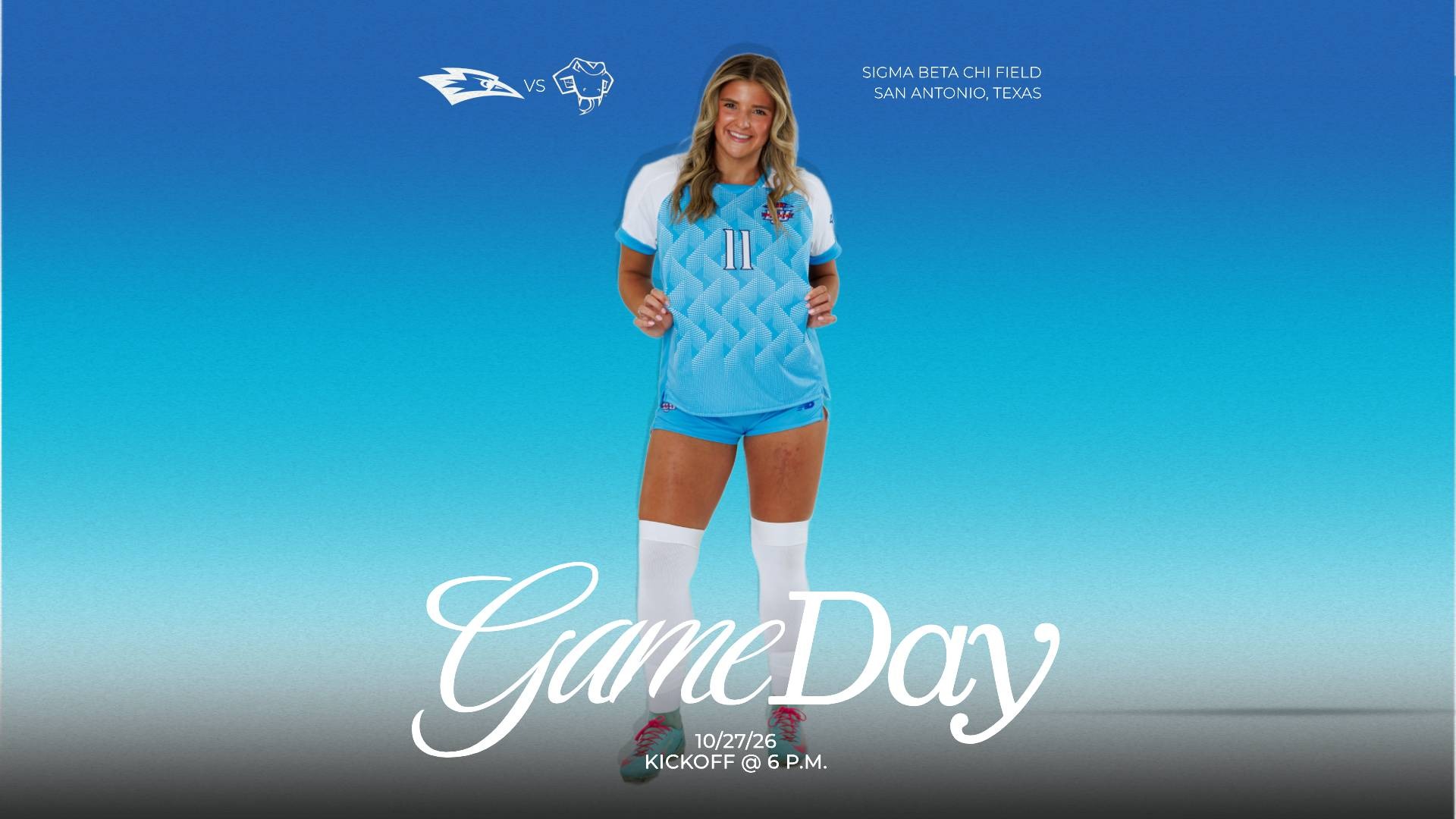 This is a digital graphic promoting the Lubbock Christian women's soccer game at St. Mary's at 6 p.m. on Tuesday night at Sigma Beta Chi Field in San Antonio, Texas. The featured image is of Kali Guy (blue jersey, #11), holding out the front of her jersey and smiling.