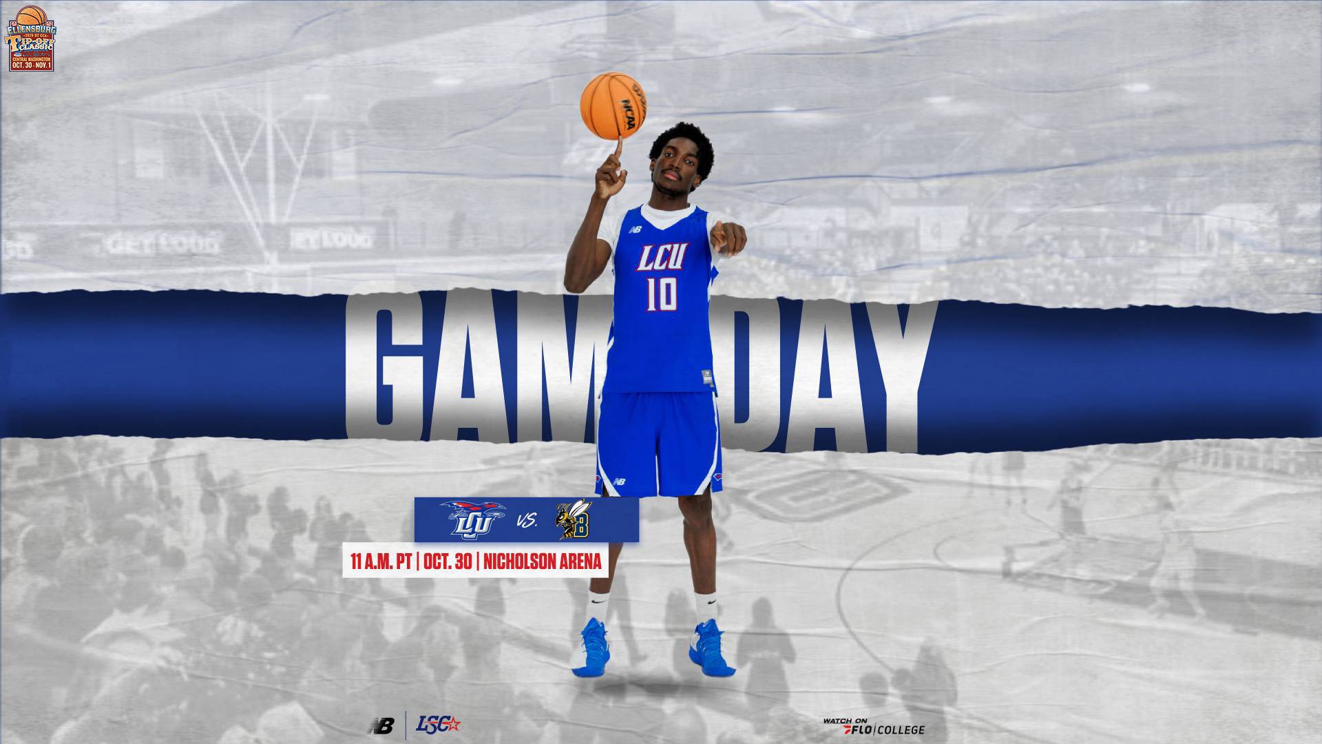 This is a digital graphic promoting the Lubbock Christian men's basketball game against MSU-Billings at 11 a.m. PT on October 30 at Nicholson Arena. The featured image is of Charlie Onana (blue jersey, $10) spinning a basketball on his index finger of his right hand and pointing forward with his left hand.