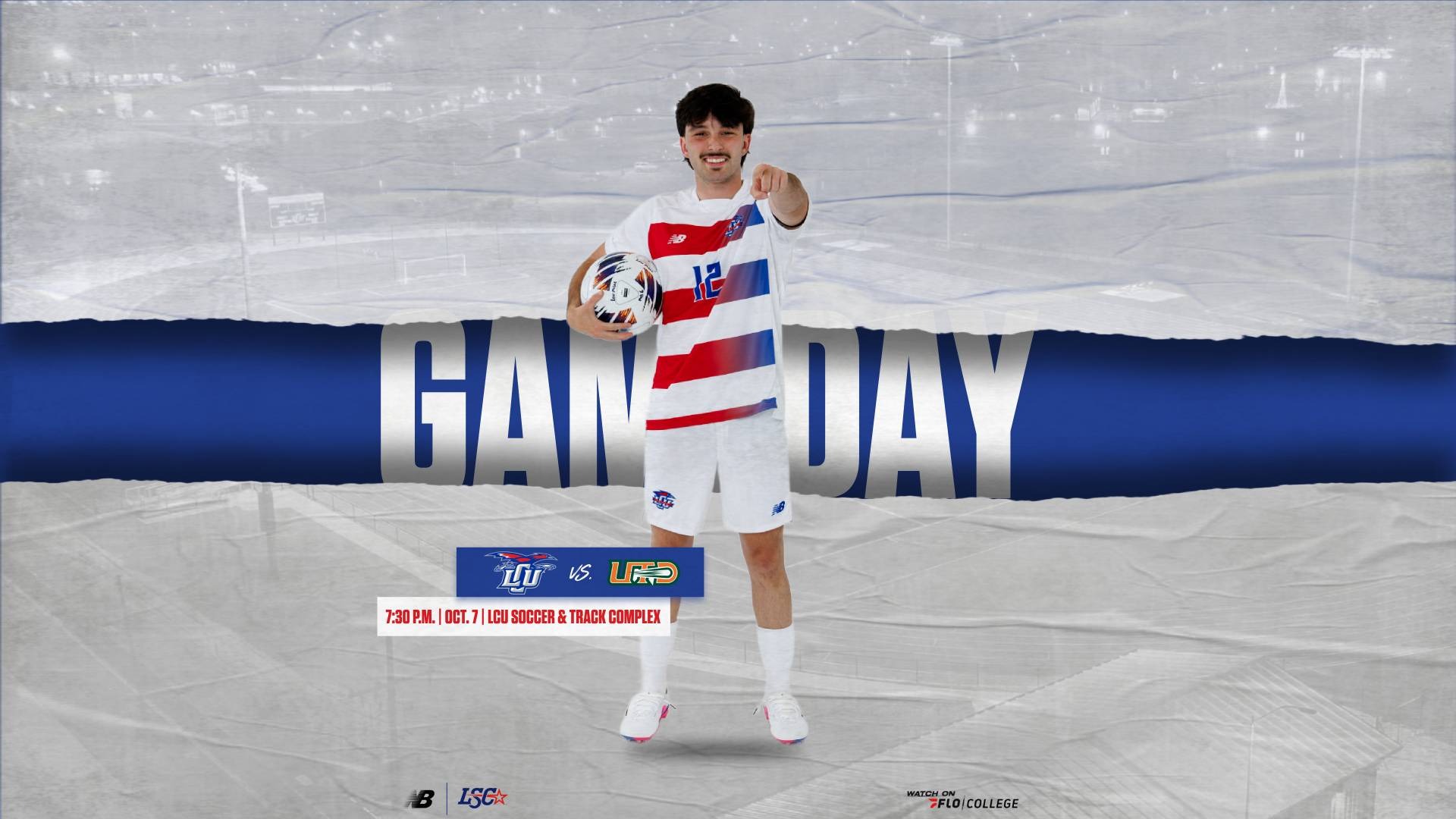 This is a digital graphic promoting the Lubbock Christian men's soccer game against UT Dallas at 7:30 p.m. on Oct. 7 at the LCU Soccer & Track Complex. The featured image is of Lucas Carli (white jersey, #12) shown pointing at the viewer. 