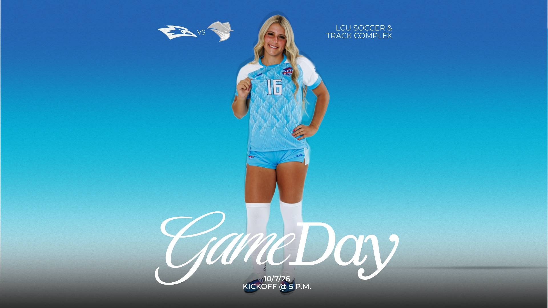 This is a digital graphic promoting the Lubbock Christian women's soccer game against Texas A&M International at 5 p.m. at the LCU Soccer & Track Complex on October 7. The featured image is of Riley Espinoza (blue jersey, #16).