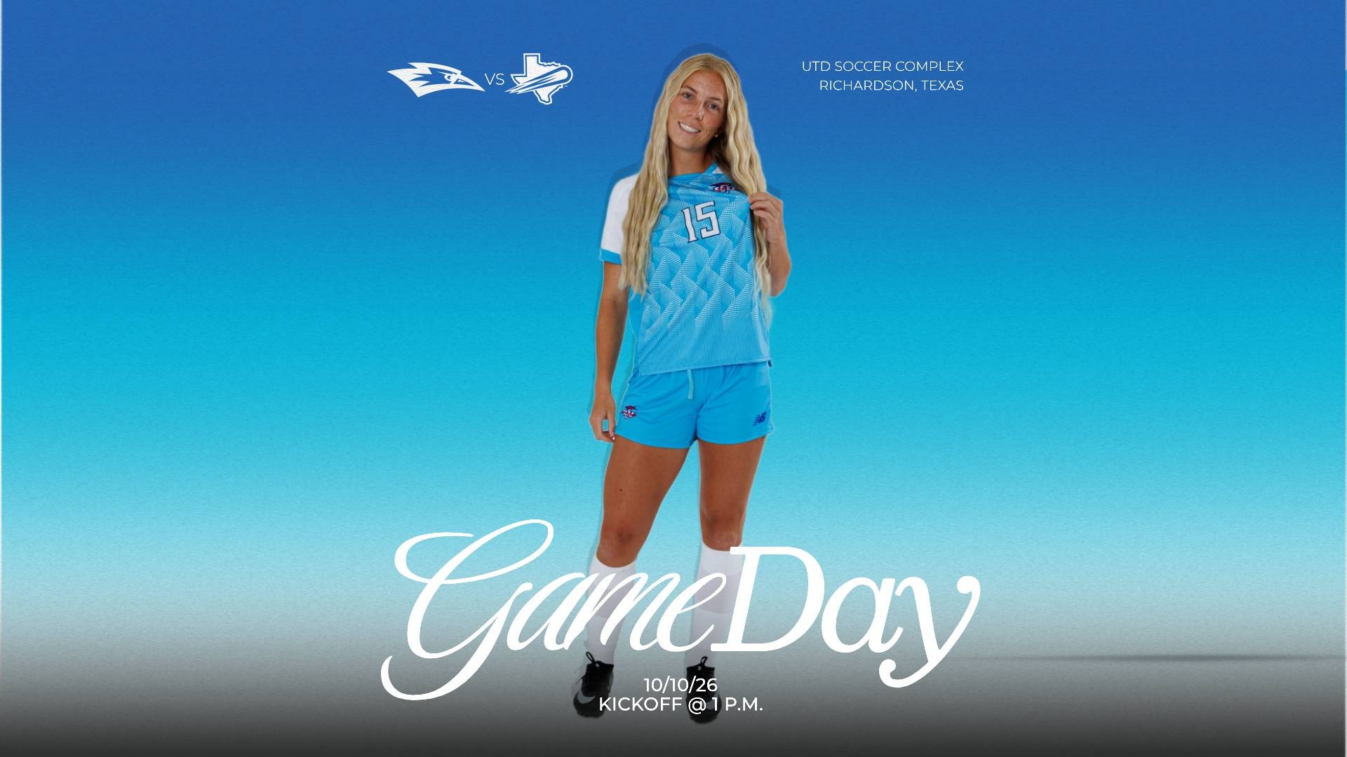This is a digital graphic promoting the Lubbock Christian women's soccer game at UT Dallas at 1 p.m. on October 10 at th UTD Soccer Complex in Richardson, Texas. The featured image is of Kaslee Roskelley (blue jersey, #15).