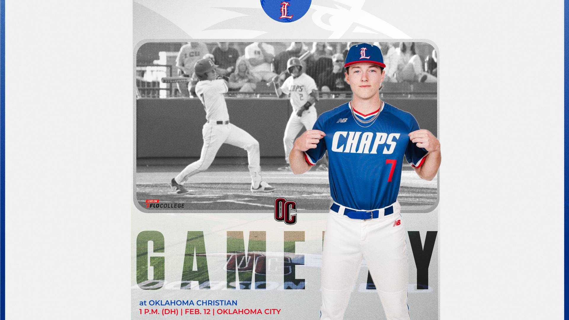 This is a digital graphic promoting the Lubbock Christian baseball doubleheader at Oklahoma Christian starting at 1 p.m. on Feb. 12 at Dobson Field. The featured image is of Dylan Marx (blue jersey, #7) holding out the front of his LCU jersey. There is a black and white action shot of him swinging the bat in a game in the background. 