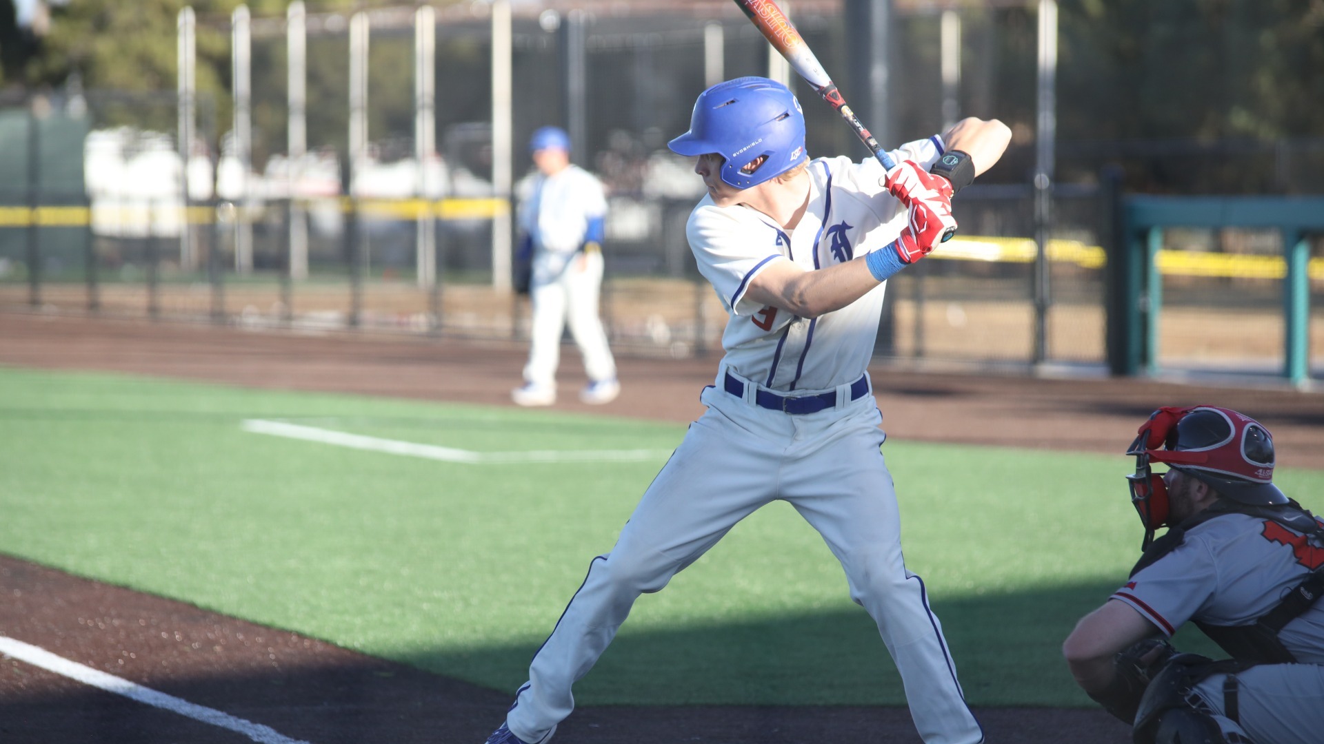 This is is a phot of outfielder Hudson Grace preparing to bat during a game at Hays Field. 