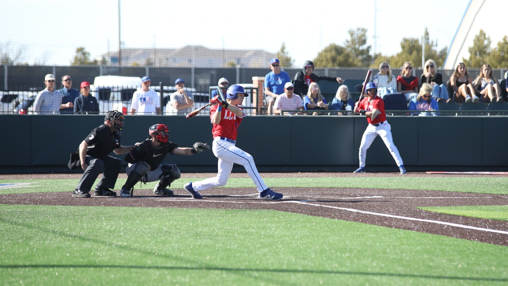 This is a photo of LCU outfielder Hudson Grace swinging at a pitch during a game against Sul Ross at Hays Field. 