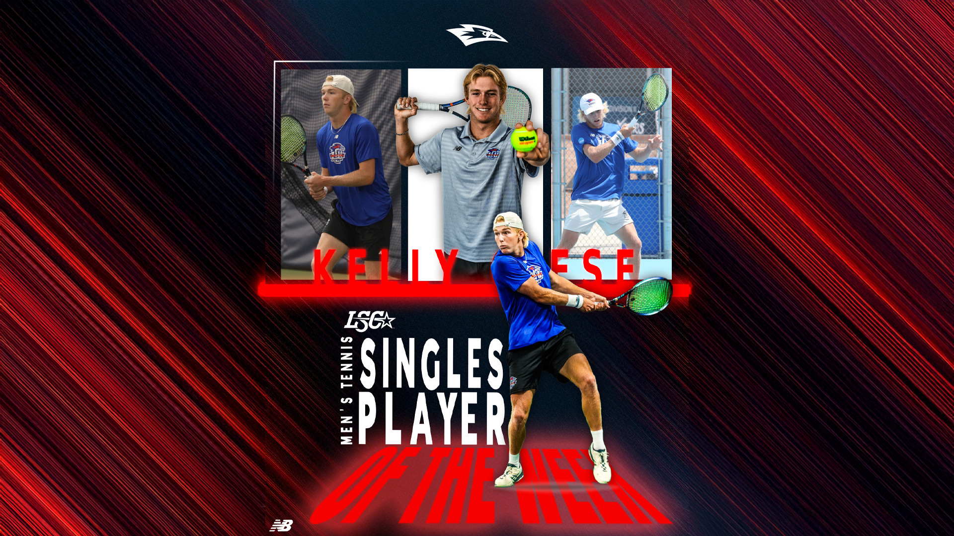 A male tennis player in a blue shirt and white headband is featured in action stance with a green racket, positioned below three photos showing him playing and posing with tennis equipment. Bold red text reads 