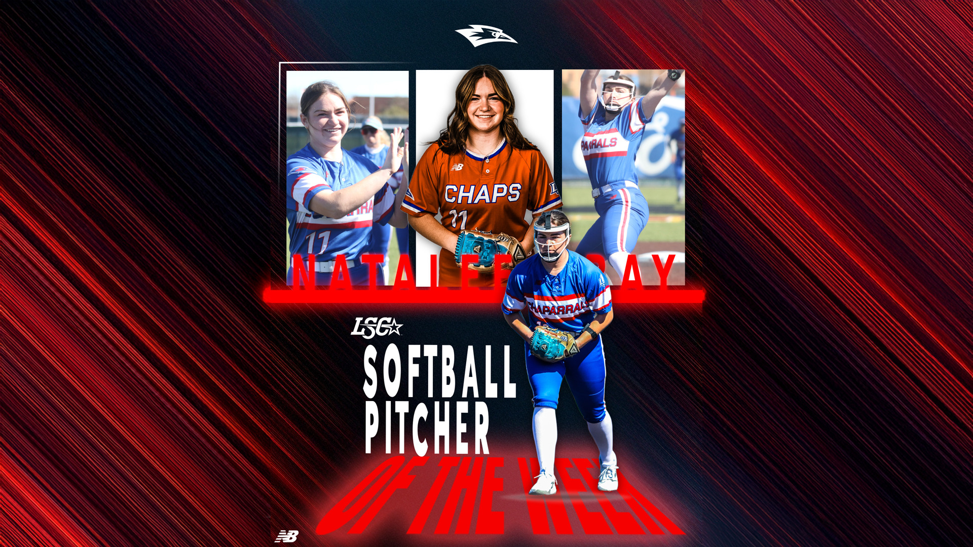 A softball player stands prominently in full blue Chaparral masked pitcher's gear holding a teal glove, positioned below three photos showing her celebrating in different uniforms. Bold text reads 