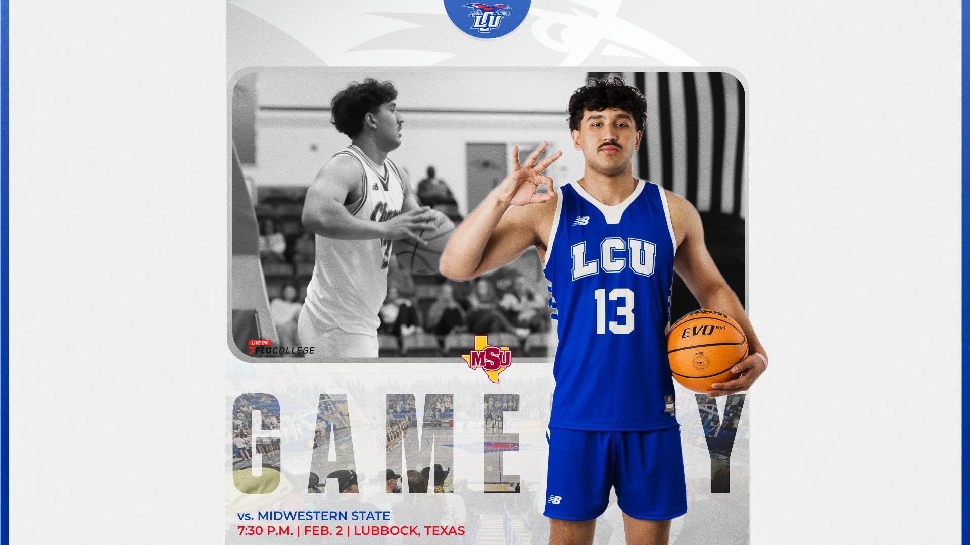 This is a digital graphic promoting the Lubbock Christian men's basketball game against Midwestern State at 7:30 p.m. on Tuesday at the Rip Griffin Center. The featured image is of Emerson Juhasz (blue jersey, #13) holding a basketball in his left hand and holding up the Chap hand sign with his left hand. There is a black and white action photo of Juhasz in the background.