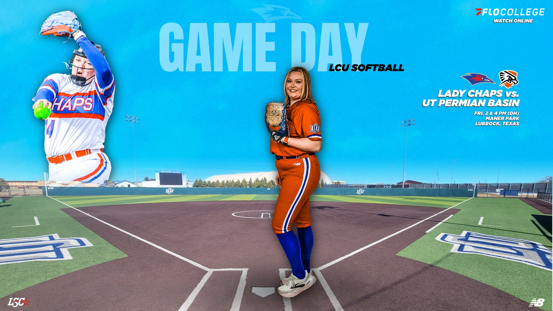 Game Dya promo graphic of softball pitcher standing in Maner Park to promote Feb 20 softball doubleheader against utpb with team logos displayed.
