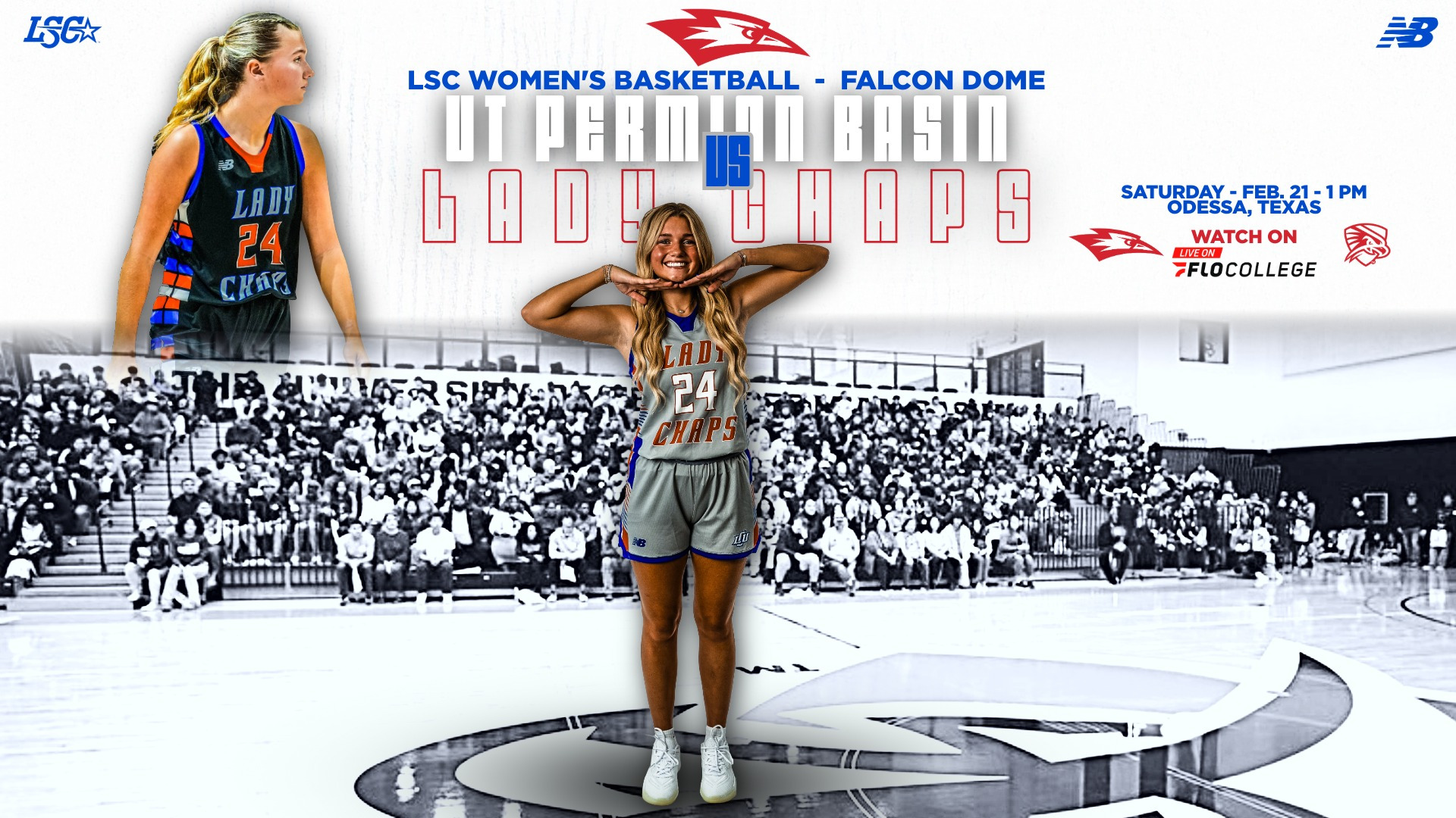 A women's basketball player wearing number 24 stands at center court with arms crossed behind her head, smiling in a gray Lady Chaps uniform. A second image shows her in a black alternate jersey on the left. Bold text reads 