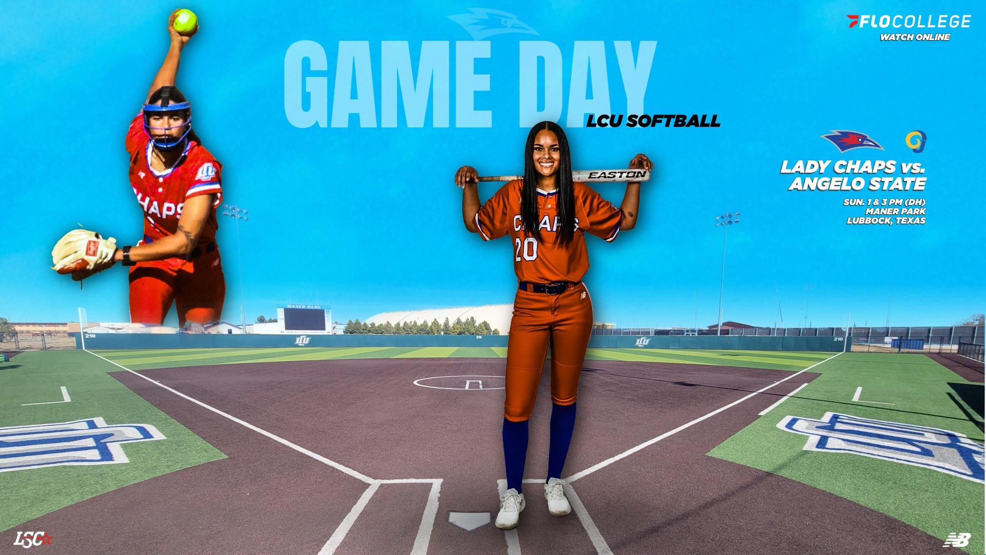 Two softball players stand on home plate under a bright blue sky at a softball field. On the left, a catcher in red uniform winds up to pitch a yellow softball. On the right, a player in an orange Angelo State jersey holds a bat across her shoulders, smiling at the camera. Bold text reads 