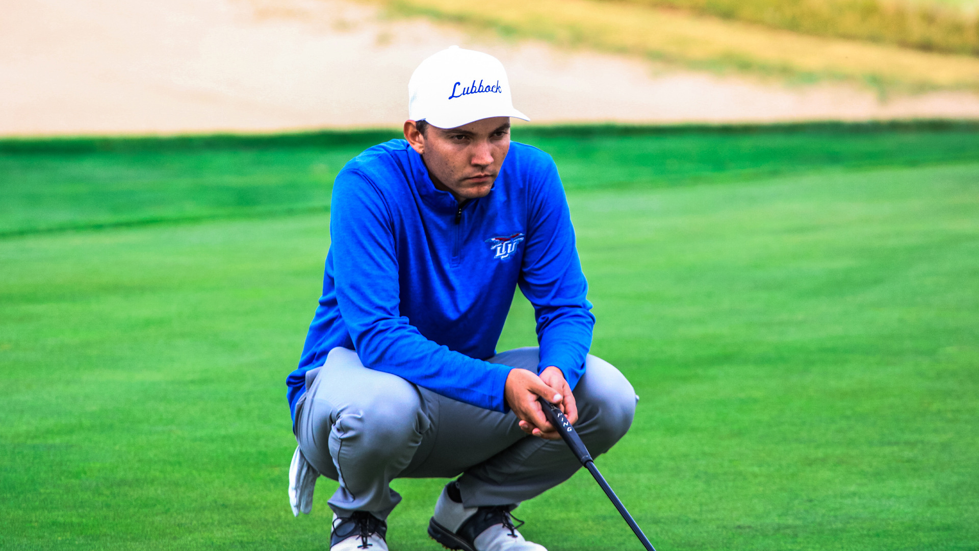 Chaparrals Golf men's team result graphic. A golfer in a blue LCU pullover putts on a green course. Text reads: RJGA Stockton Invitational, 11th Place, 593 (+17). Lubbock Christian University Chaparrals logo displayed at bottom.