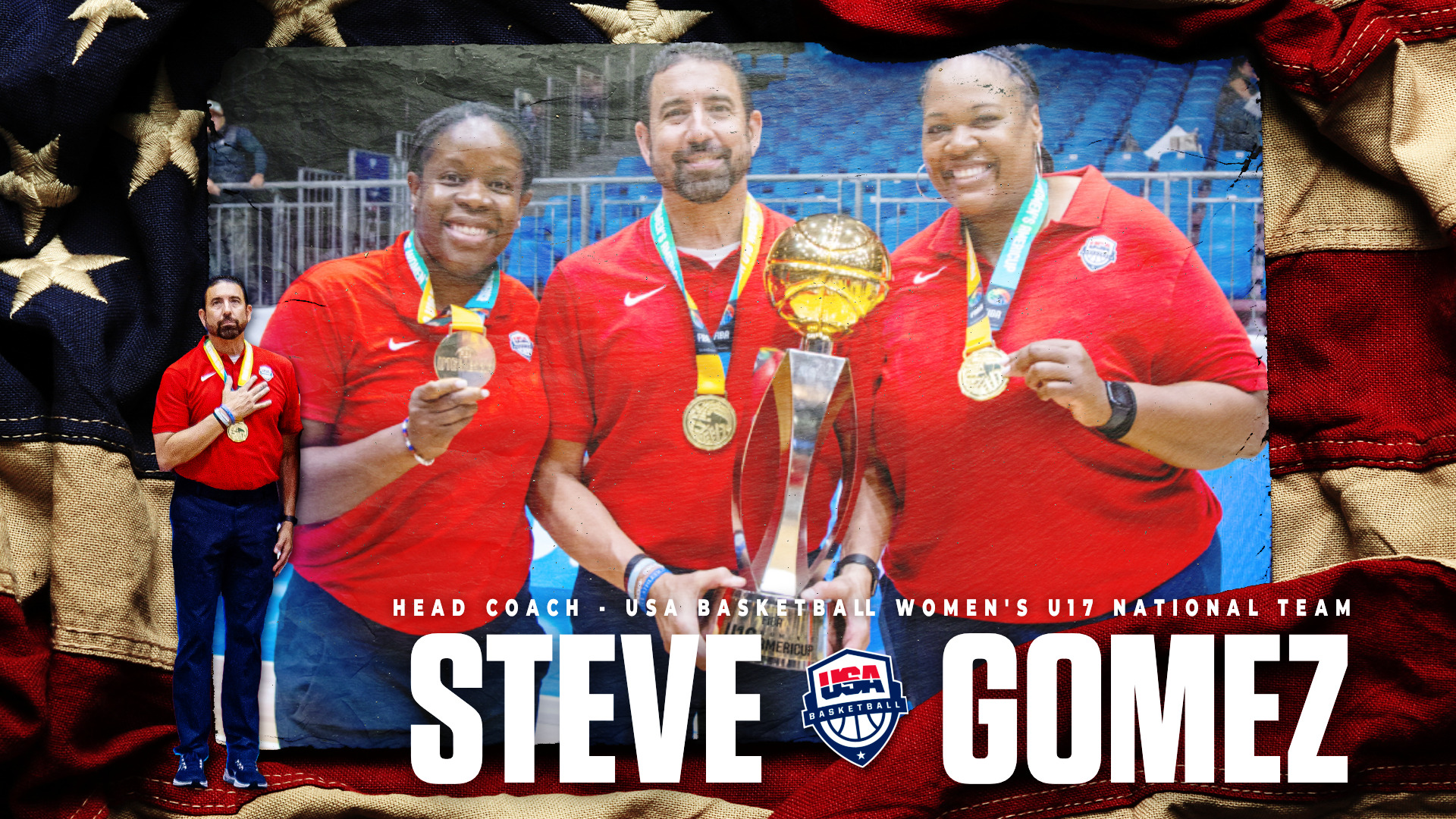 Three people in red USA Basketball shirts pose with medals and a championship trophy against an American flag backdrop with gold stars and red stripes. The center figure holds a large golden trophy while flanked by two smiling teammates, all wearing colorful lanyards with their medals. A smaller inset photo shows a coach with hand over heart wearing a gold medal. Bold white text reads 