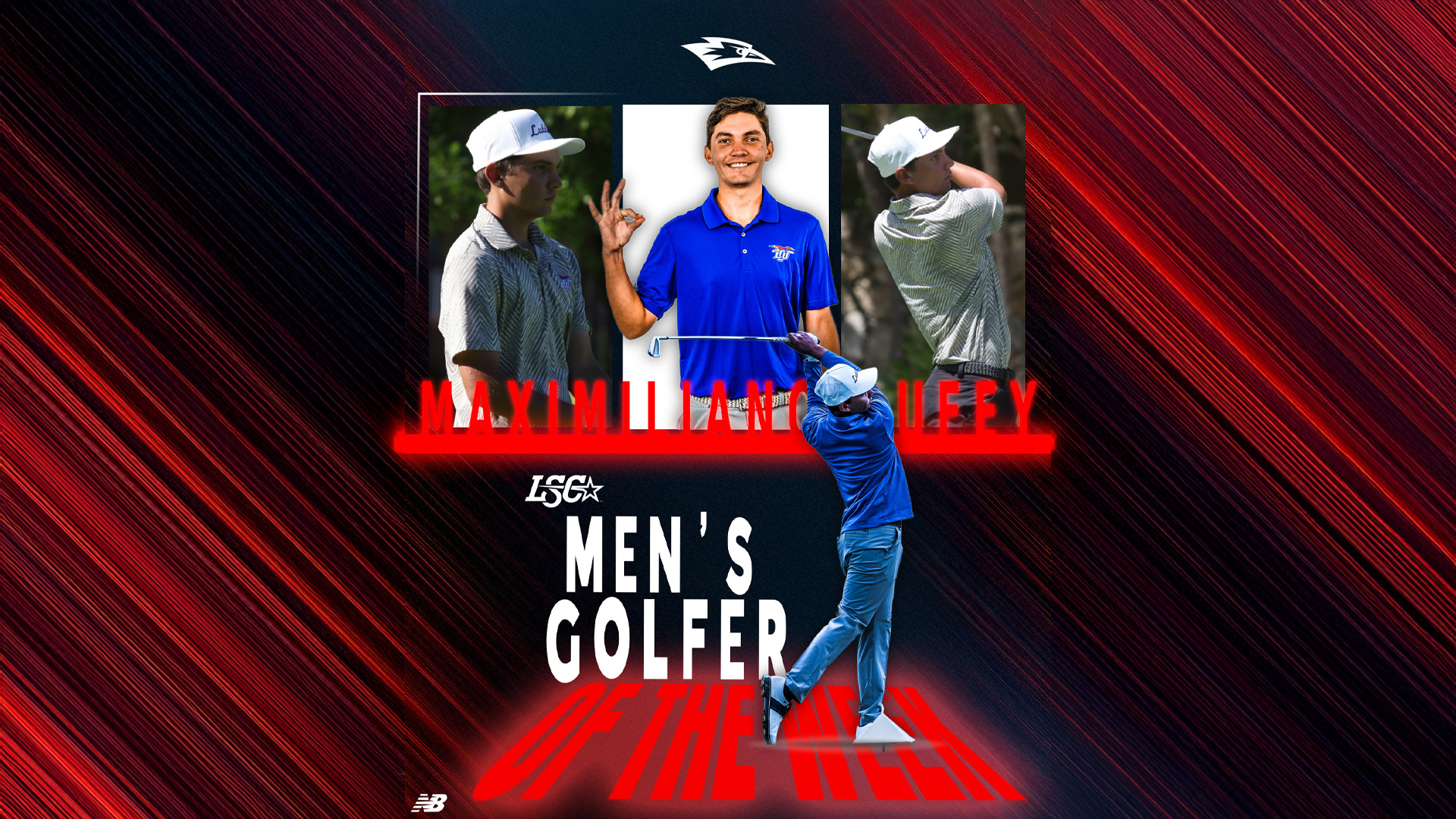 LSC Men's Golfer of the Week award graphic for Maximiliano Dufey of Lubbock Christian University. Three photos show Dufey on the course and posing in his blue LCU polo. LCU Chaparrals logo, New Balance, and LSC marks displayed