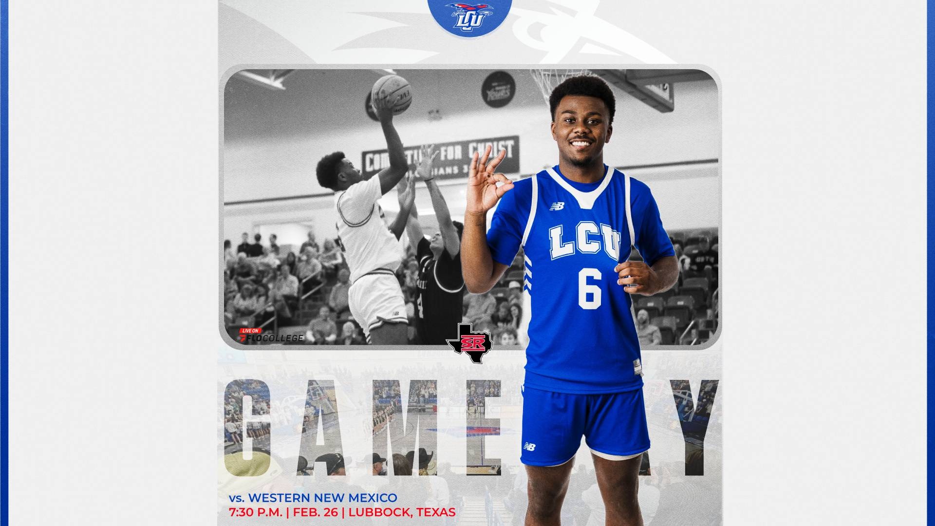 This is a digital graphic promoting the Lubbock Christian men's basketball game against Sul Ross at 3 p.m. on Saturday at the Rip Griffin Center. The featured image is of Devin Baccas (blue jersey, #6) holding his jersey with his left hand and the Chap hand sign up with his right hand. There is a black and white image of Baccas attempting a shot in the background.
