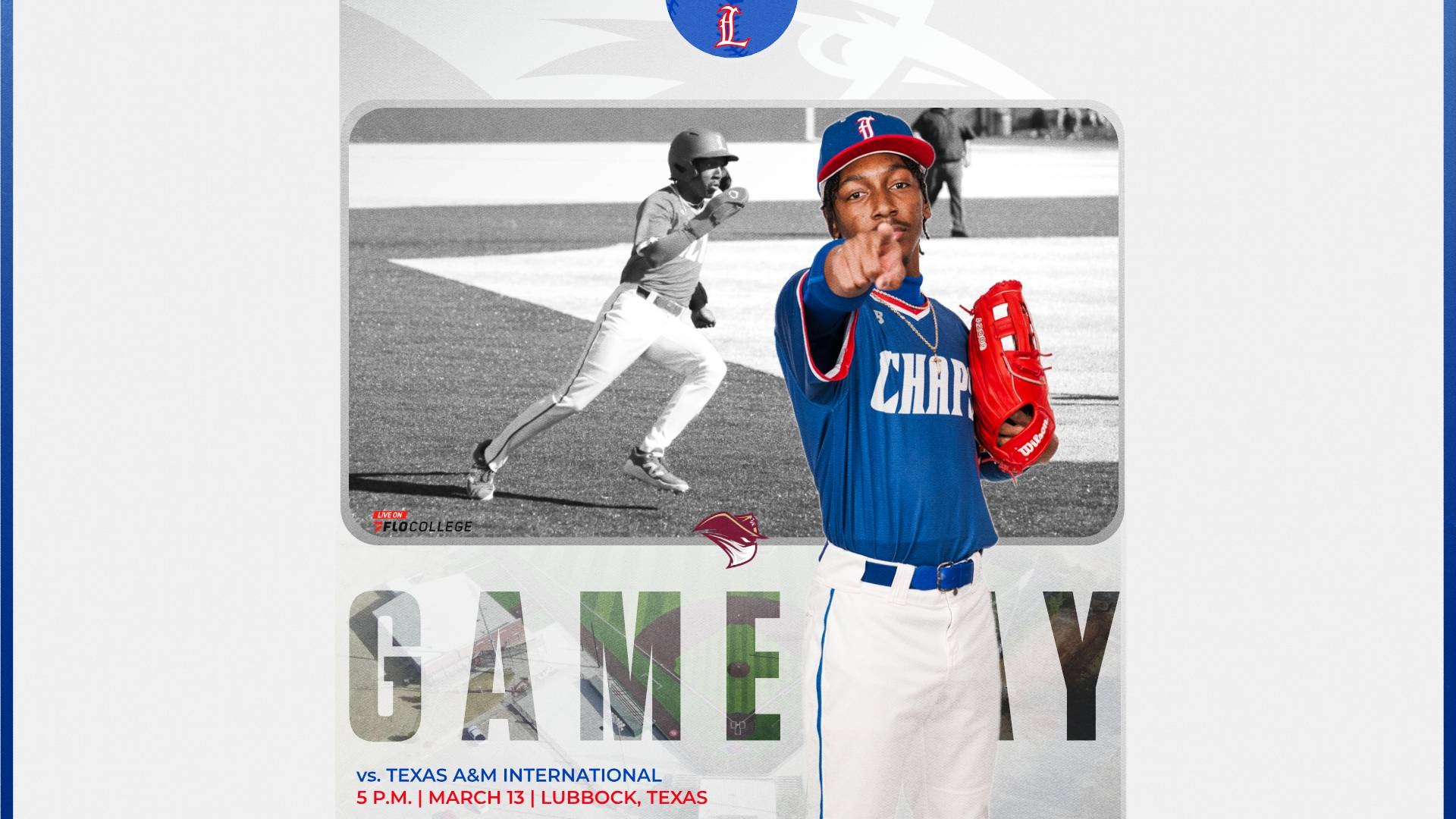 This is a digital graphic promoting the Lubbock Christian baseball game against Texas A&M International at 5 p.m. on March 13 in Lubbock, Texas. The featured image is of outfielder Saadiq McCain (blue jersey, #1), where a red glove on his left hand and pointing forward with his right hand. There is a black and white background image of McCain running the bases during a game.