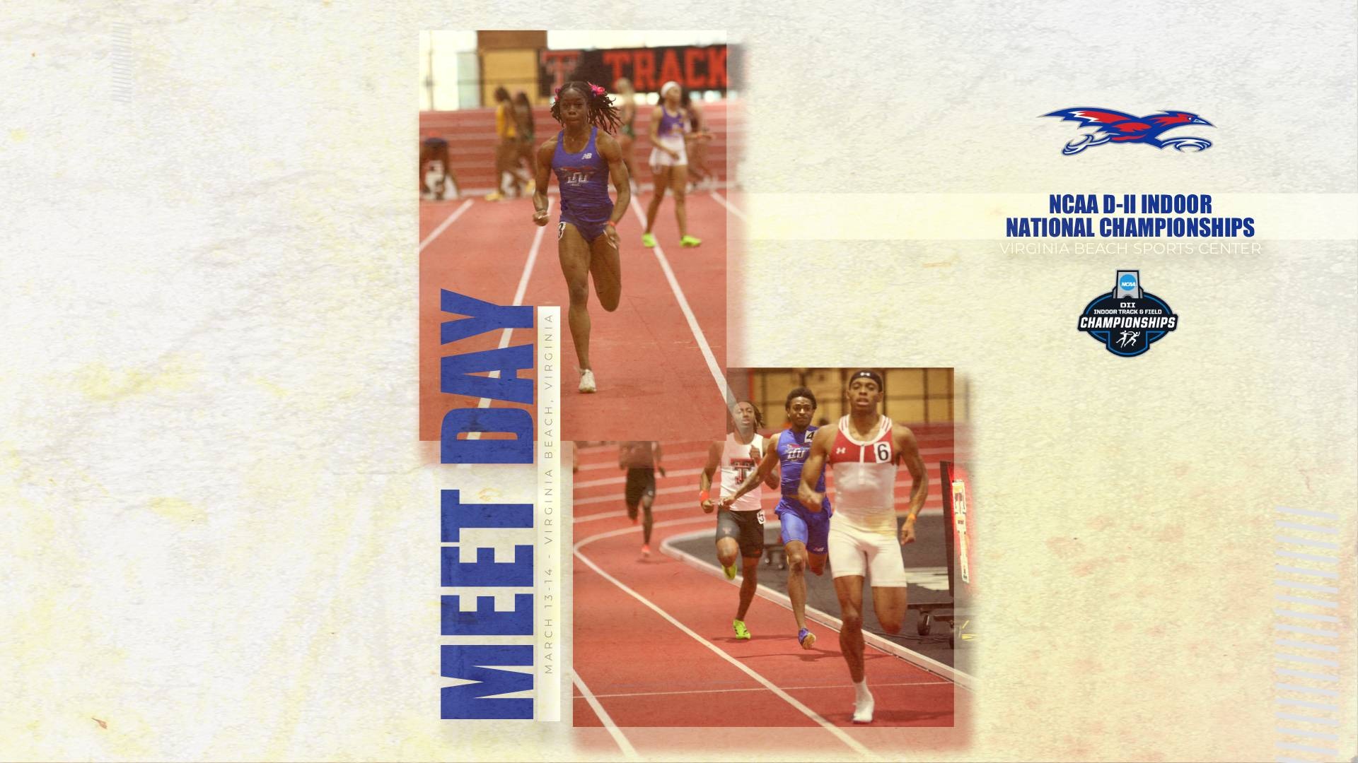 This is a digital graphic promoting Lubbock Christian's track and field team competing at the NCAA Division II Track & Field National Championships in Virginia Beach, Virginia. There are two featured images of a male and female track athlete running. 