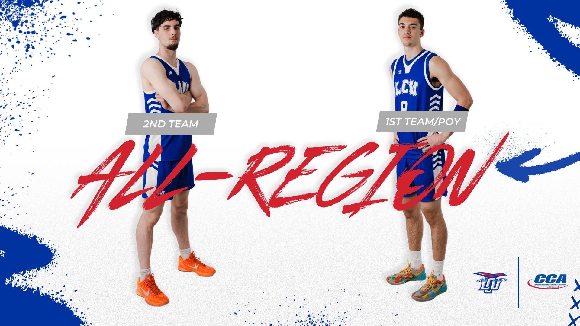 This is a digital graphic announcing Lubbock Christian men's basketball players Antonio Pusateri and Amondo Miller Jr. as members of the D2CCA All-Region Team.