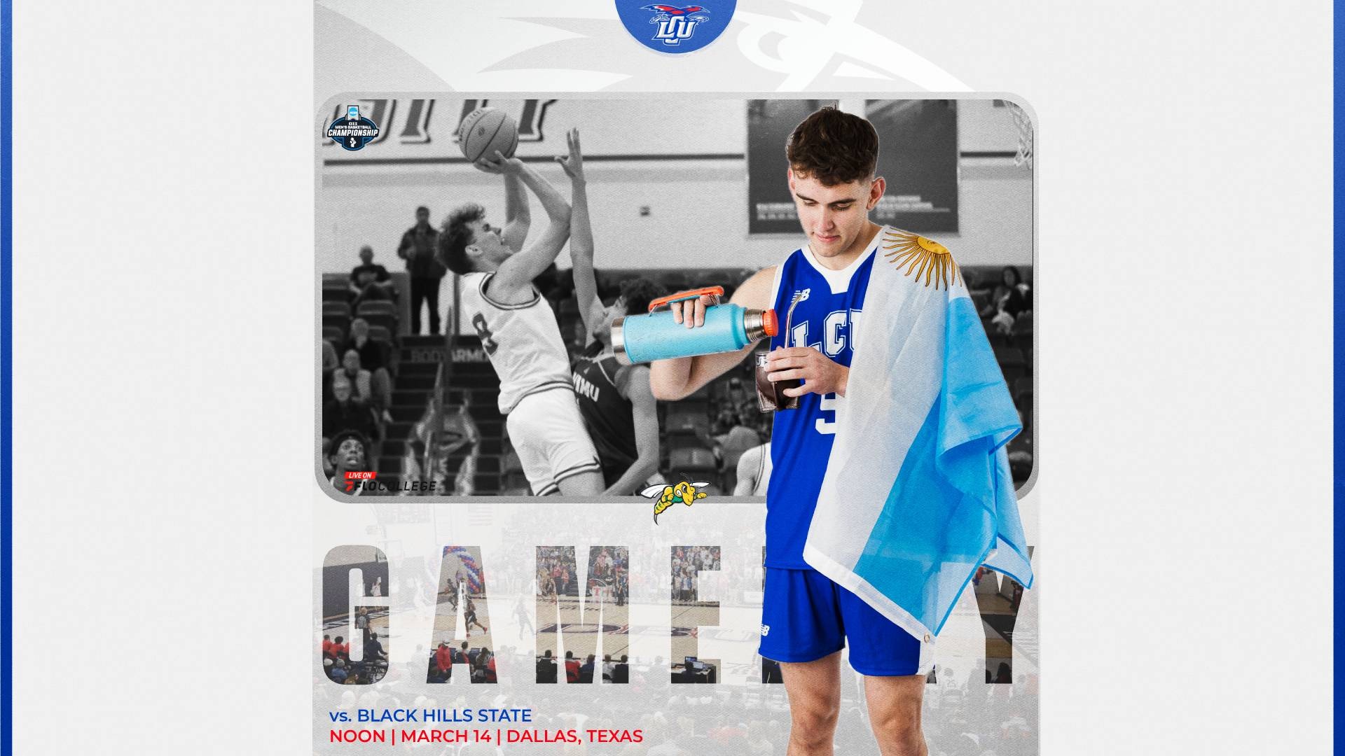 This is a digital graphic promoting the Lubbock Christian men's basketball game against Black Hills State in at noon on March 14 in Dallas, Texas. The featured image is of Lucas Mercandino (blue jersey, #9), shown with the Argentinian flag draped over his left shoulder and pouring tea out of a thermos with his right hand. There is a black and white background image of Mercandino shooting during a game.