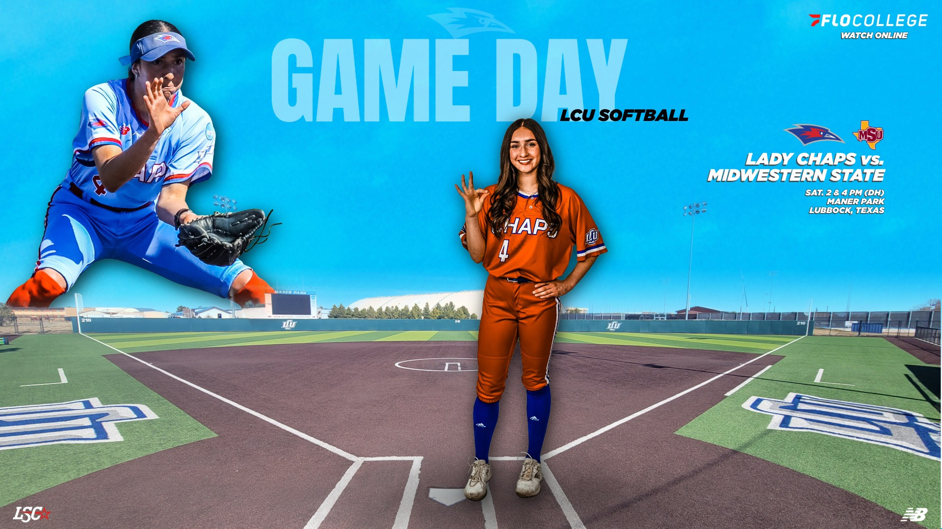 LCU Softball game day graphic featuring two views of Lady Chaps player number 4 — diving for a catch in a blue uniform and posing at home plate in an orange Chaps uniform — at Maner Park. Text reads: Lady Chaps vs. Midwestern State, Saturday, 2 & 4 PM doubleheader, Maner Park, Lubbock, Texas. Watch on FloCollege. LSC and New Balance logos displayed