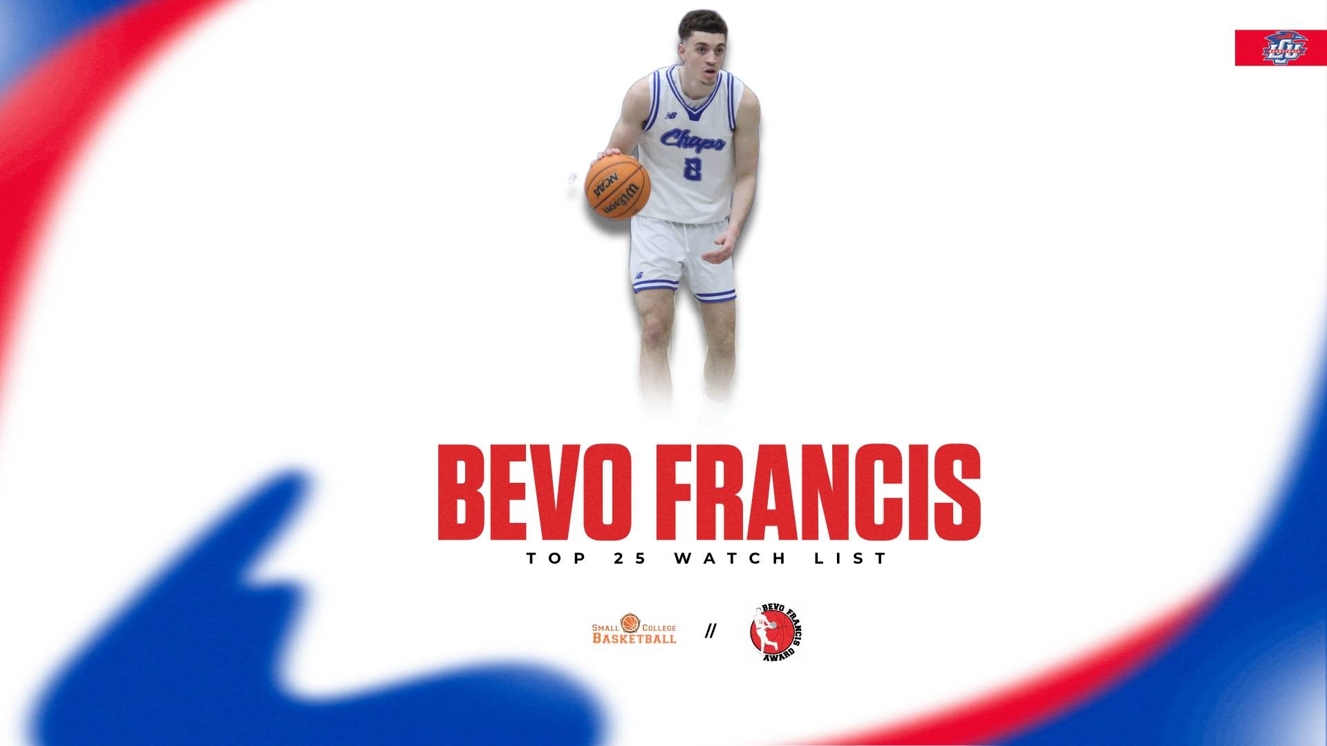 This is a digital graphic announcing Lubbock Christian forward Amondo Miller Jr. as a top-25 finalist for the Bevo Francis Award. There is a featured image of Miller (white jersey, #8) dribbling the basketball. 