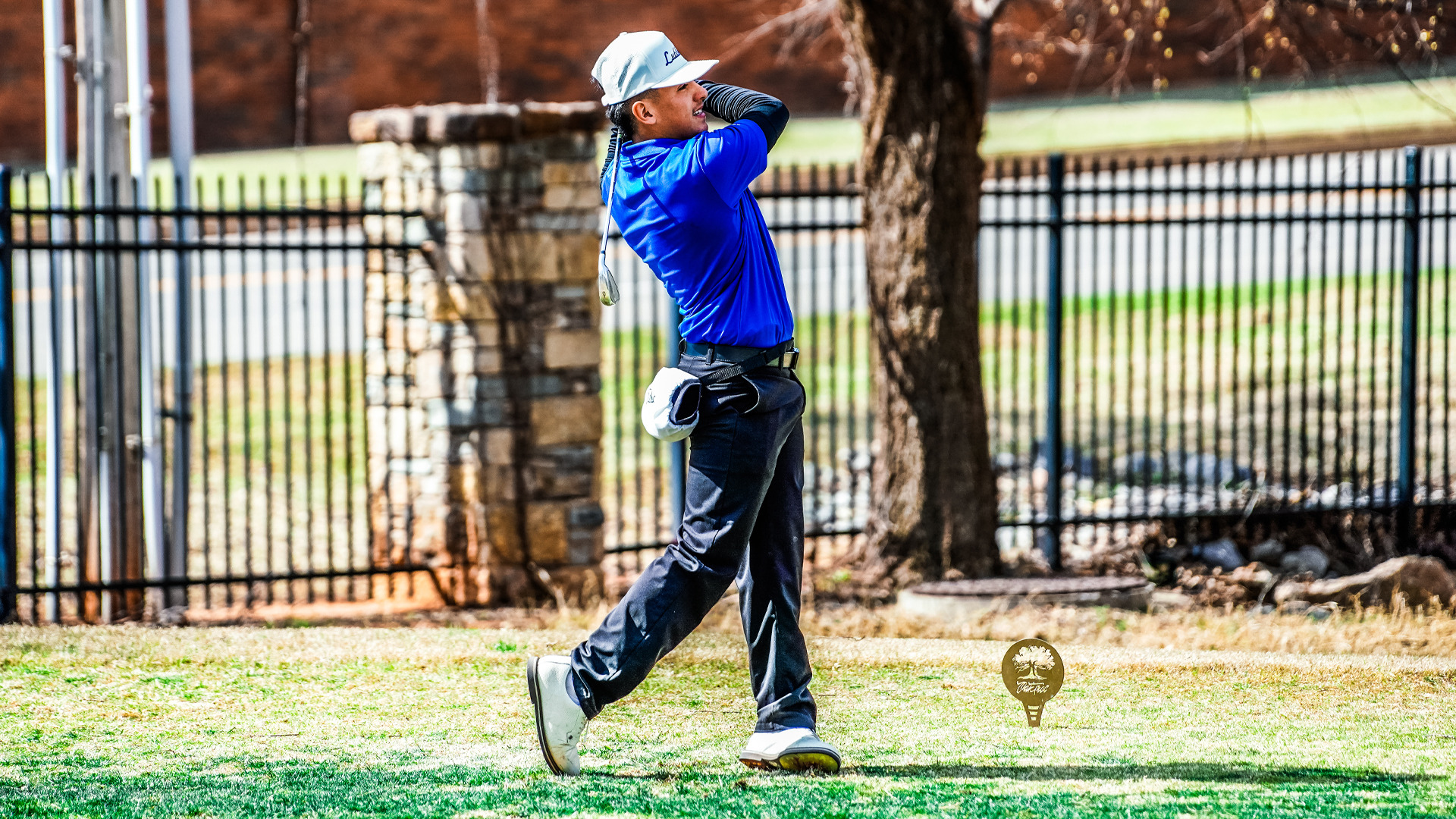 A promotional graphic for Chaparrals Golf featuring a golfer in a blue polo and white bucket hat putting on a green. The background shows a blue-tinted aerial view of a golf course. Bold blue text reads 