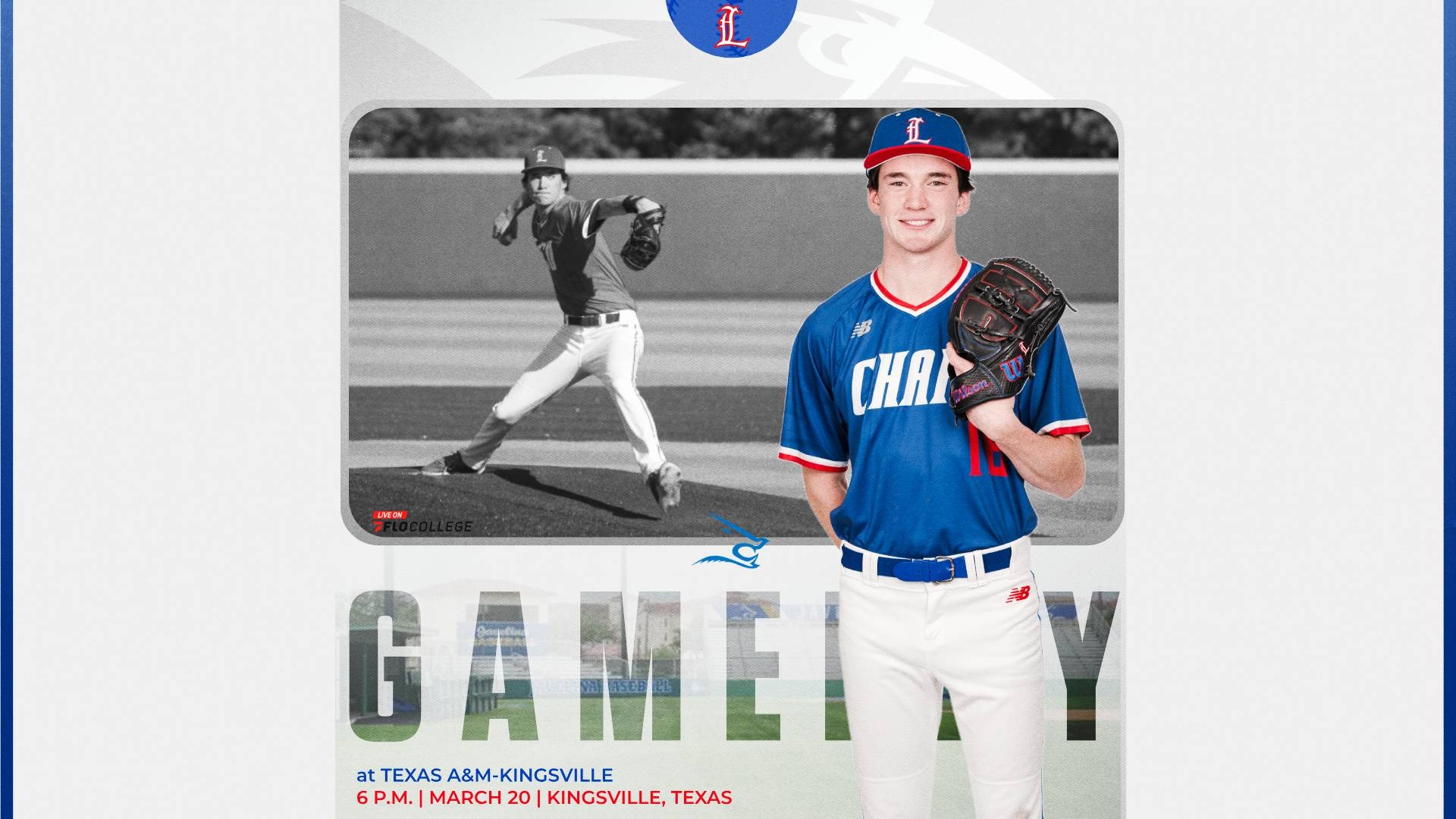 This is a digital graphic promoting the Lubbock Christian baseball game at Texas A&M-Kingsville at 6 p.m. on Friday at Nolan Ryan Field in Kingsville, Texas. The featured image is of Anthony Graziano (blue jersey, #18) holding his baseball glove over his left shoulder. There is a black and white photo in the background of Graziano throwing a pitch during a game at Hays Field.