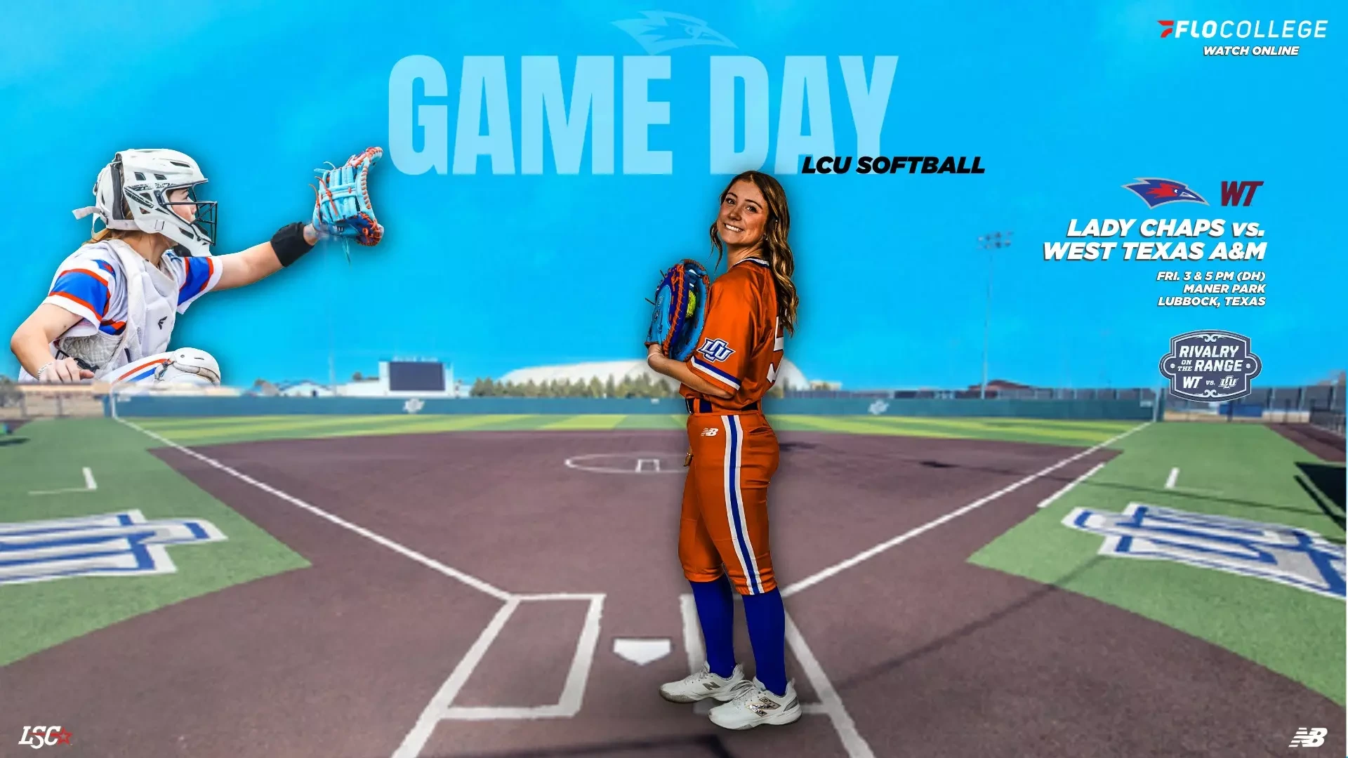A Game Day promotional graphic for LCU Softball against West Texas A&M. A smiling player in an orange and blue uniform stands at home plate holding a glove, with a catcher in white gear reaching out on the left. The bright blue sky background shows a softball diamond. Text reads 
