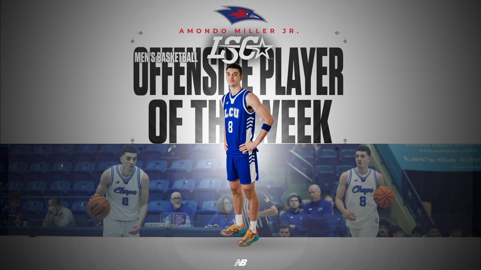 This is a digital graphic announcing Lubbock Christian senior forward Amondo Miller Jr. as the Lone Star Conference Offensive Player of the Week for March 2. The featured image is of Miller (blue jersey, #8), standing with his arms crossed. There are two images in the background of Miller dribbling the ball during games. 