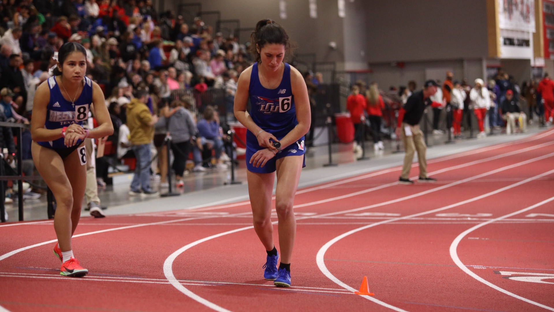 This is a photo of Lubbock Christian track athlete Olivia Weider preparing to race at the Sport Performance Center at Texas Tech. 