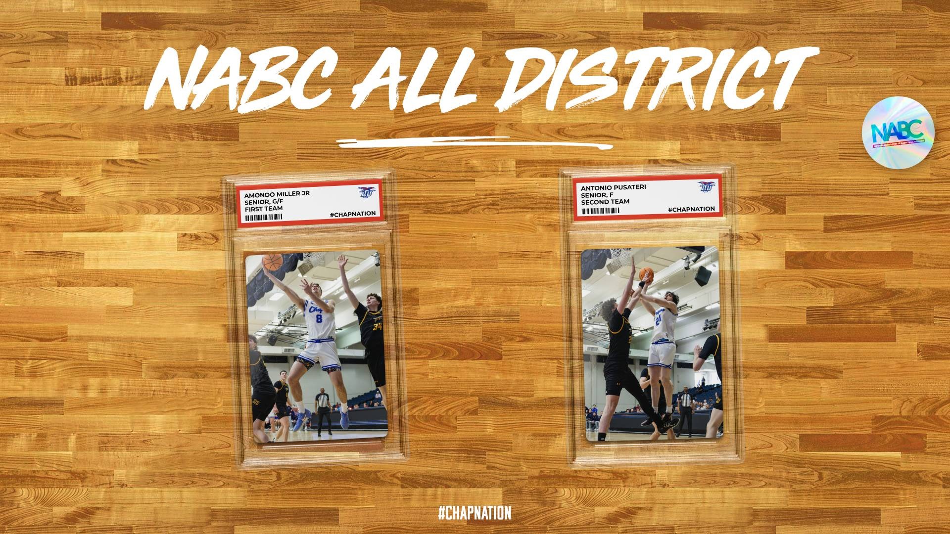 This is a digital graphic announcing Lubbock Christian men's basketball players Amondo Miller Jr. and Antonio Pusateri as members of the NABC All-District Teams. There are fake basketball cards of each player showing action shots of them in white jerseys shooting layups. 